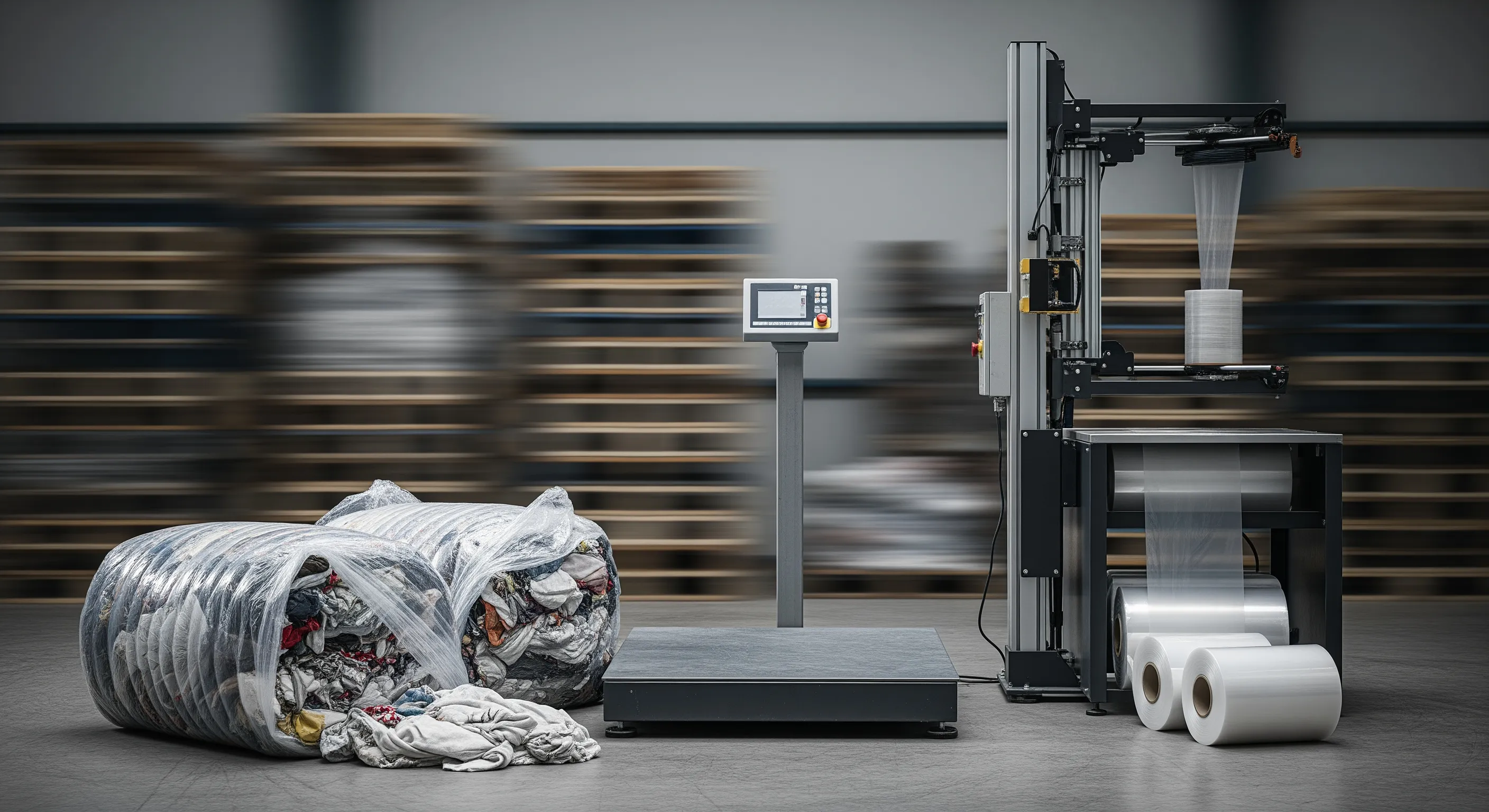 Quality-control area featuring an industrial scale and stretch-wrap machine beside opened bales showing mixed textiles under studio lighting.