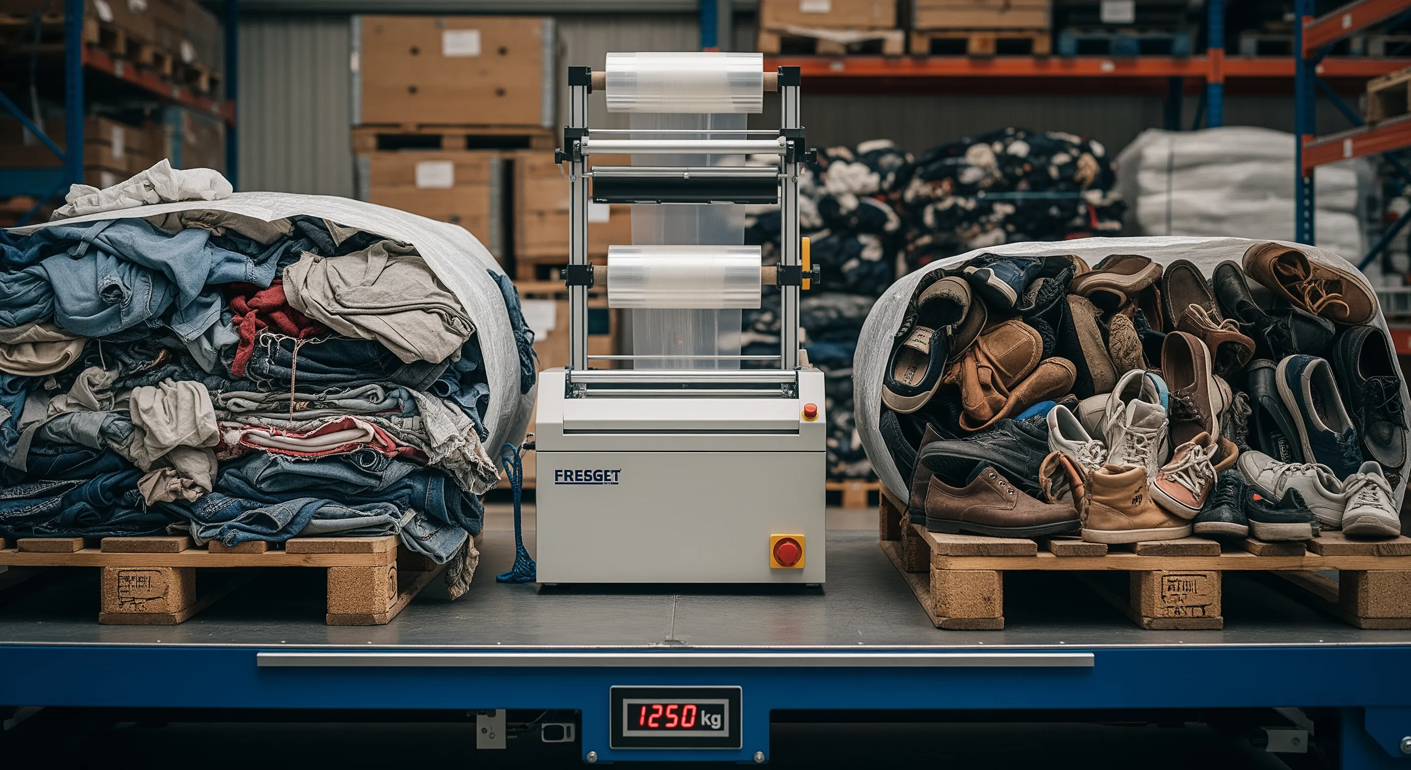 Quality control station with pallet scale and stretch-wrap machine beside partially opened bales revealing used mens shoes textures