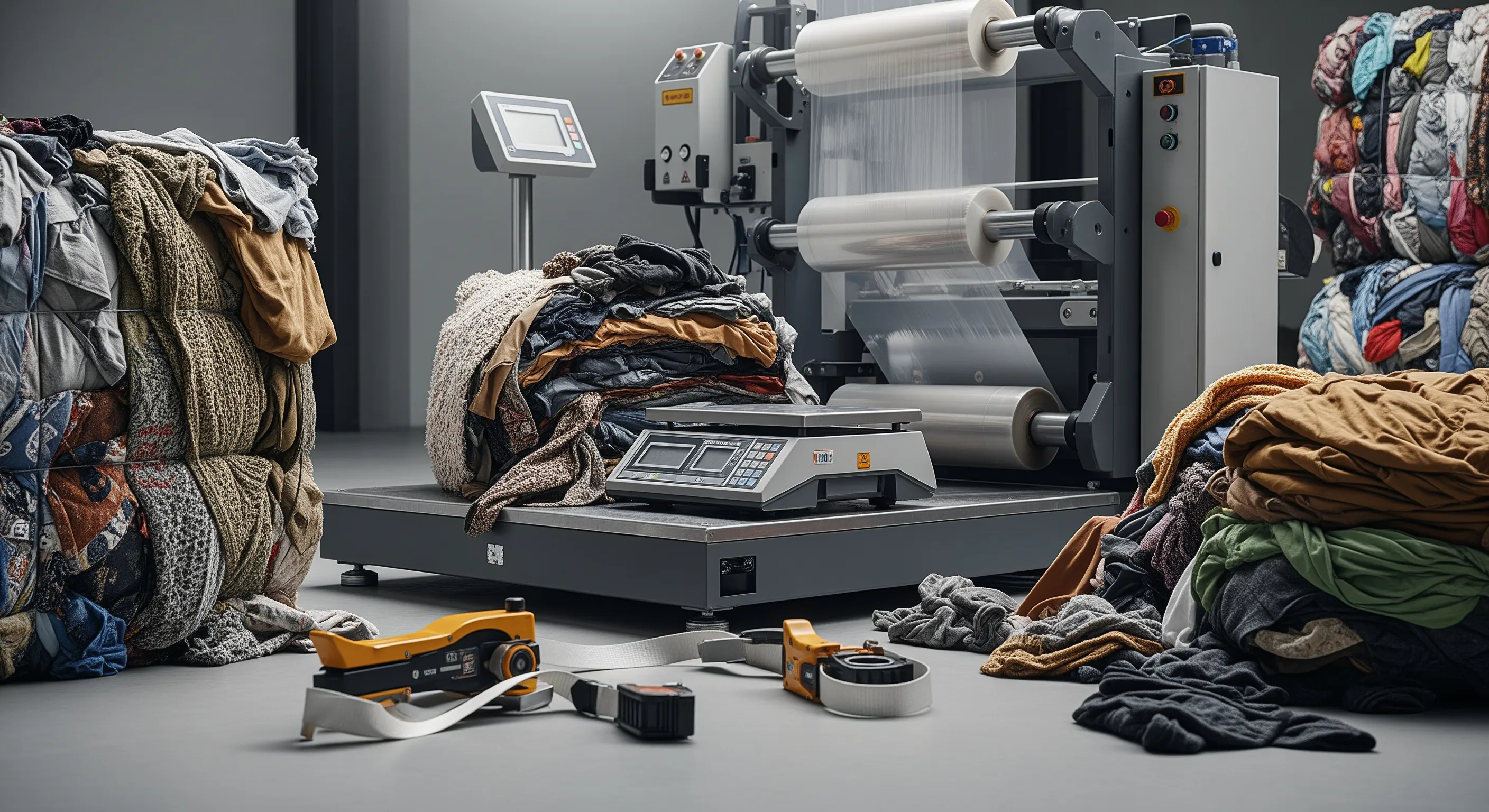 Quality control station with industrial scale and stretch-wrap machine alongside partially opened textile bales showing mixed fabrics for second hand clothes wholesale