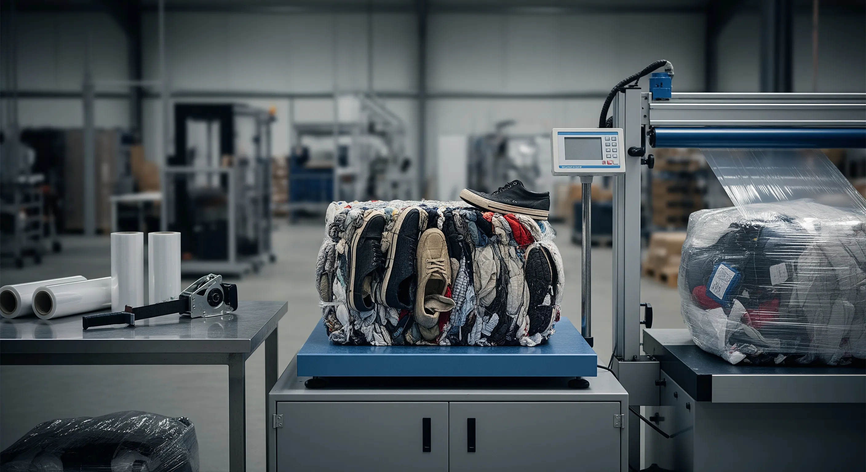 Close view of packing station featuring platform scale, stretch-wrap machine, and partially opened bales with mixed textiles including used shoes