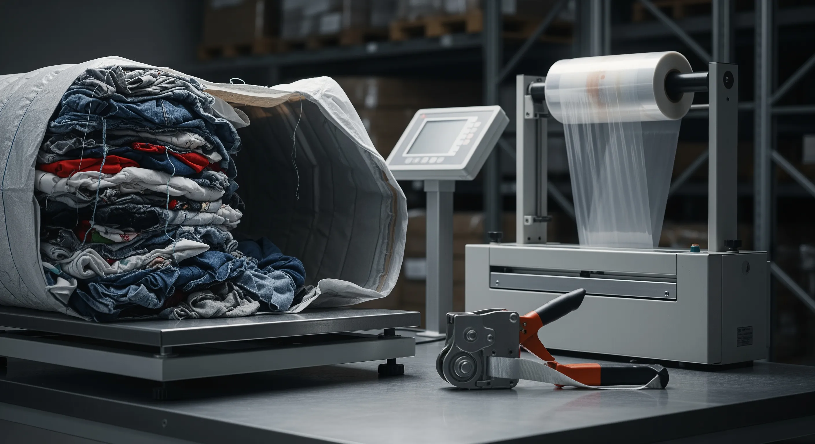 Quality control station with industrial scale, stretch-wrap machine, and partially opened bale showing mixed textiles inside a warehouse.