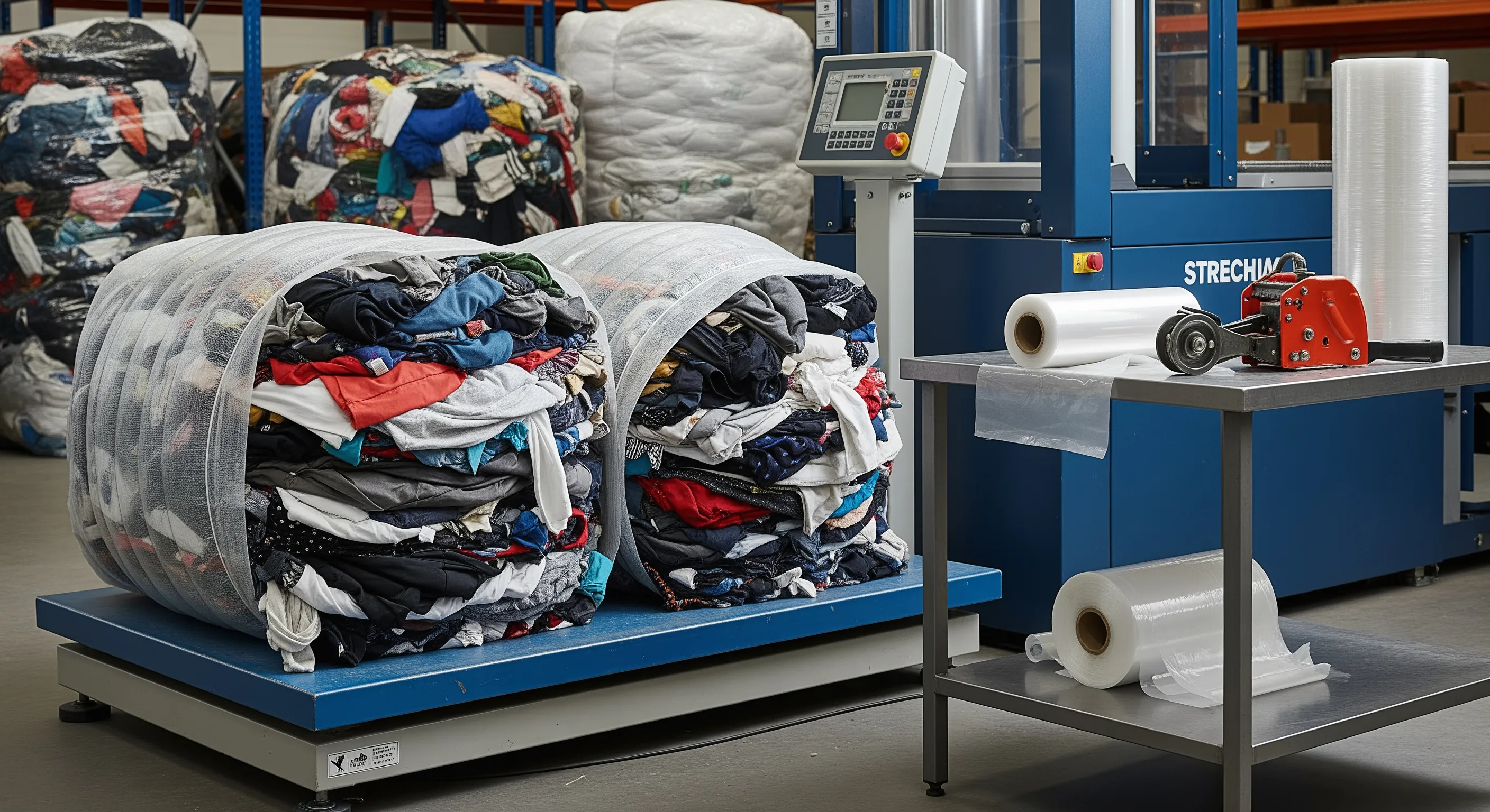 Quality-control station showing industrial scale and stretch-wrap machine alongside partially opened bales with mixed textiles inside.