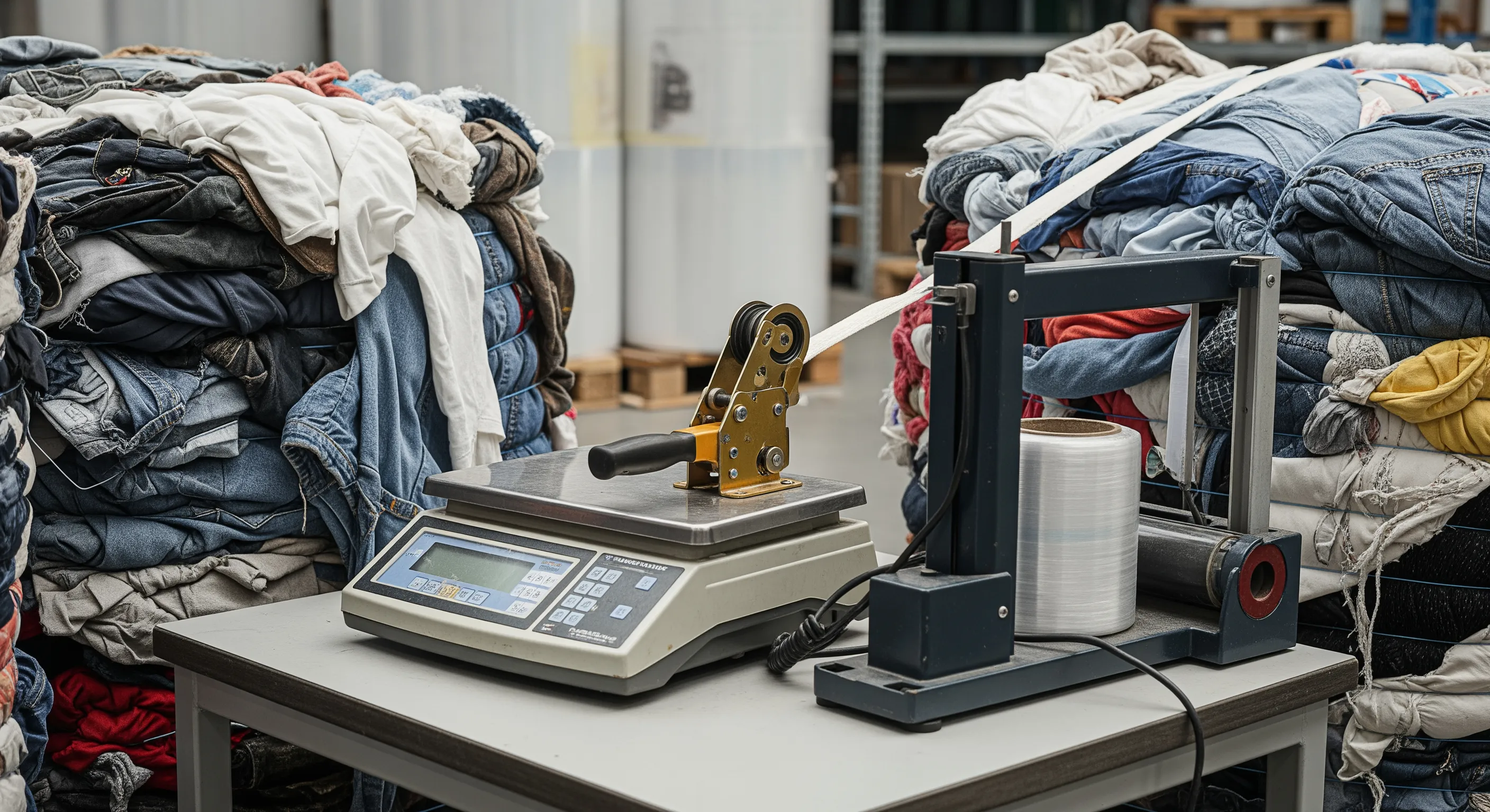 Quality control station with industrial scale, strap tensioner, and partially opened bales showing mixed second hand textiles under studio lighting
