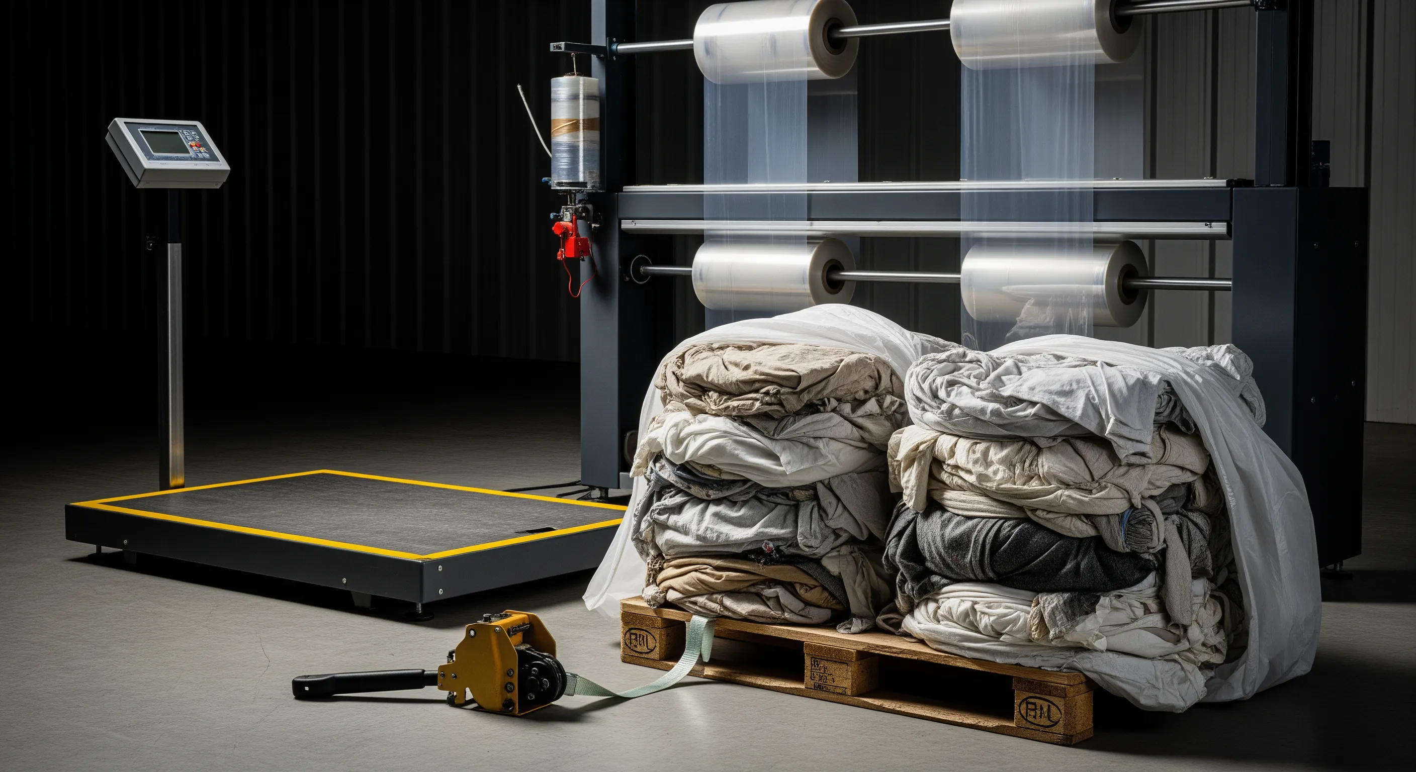 Quality control station with industrial scale and stretch-wrap machine beside partially opened bales showing textured secondhand clothes inside a clean warehouse