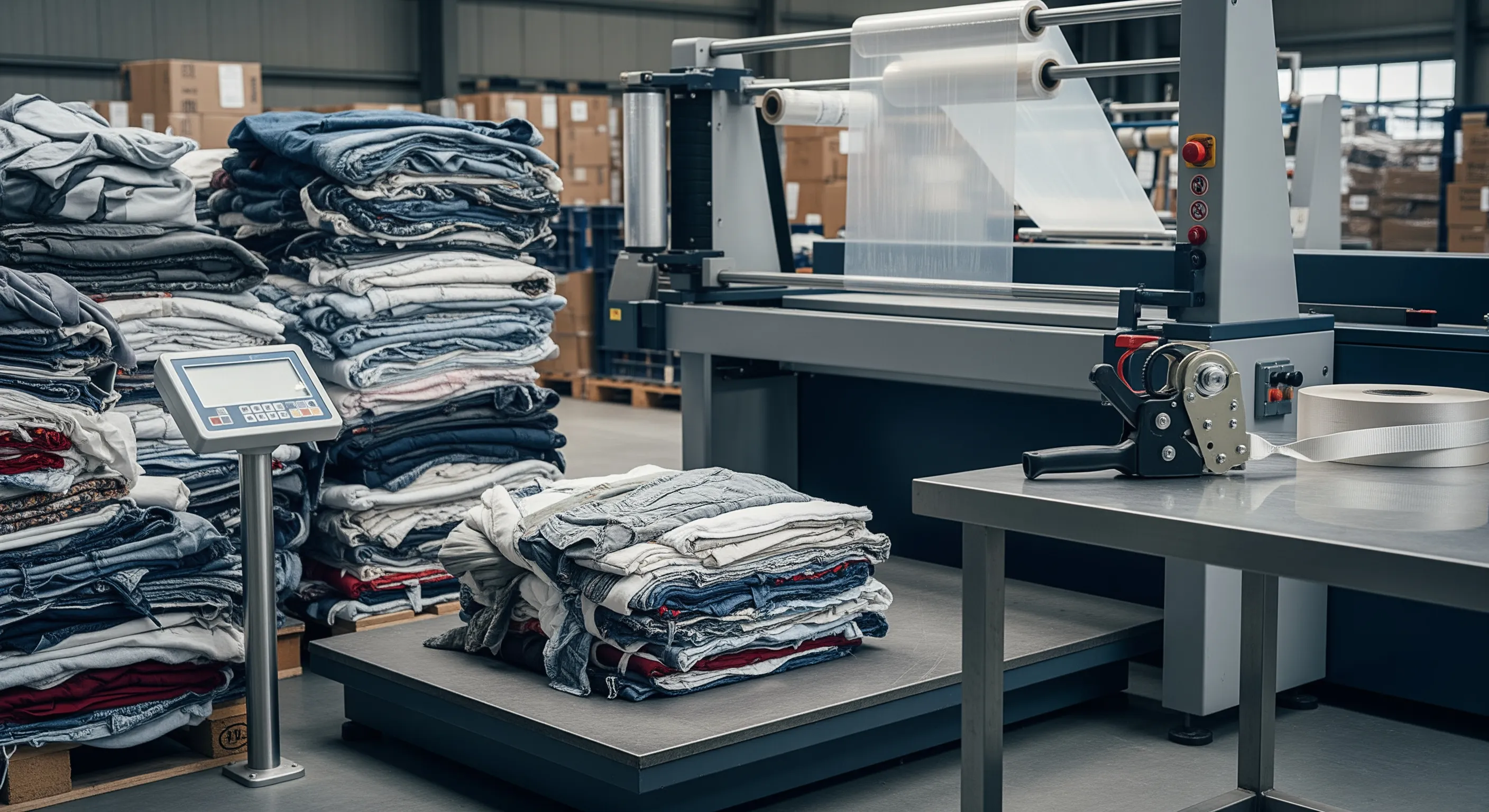Industrial quality control station with platform scale, partially opened textile bales, stretch-wrap machine, and strapping tools in a clean warehouse setting.