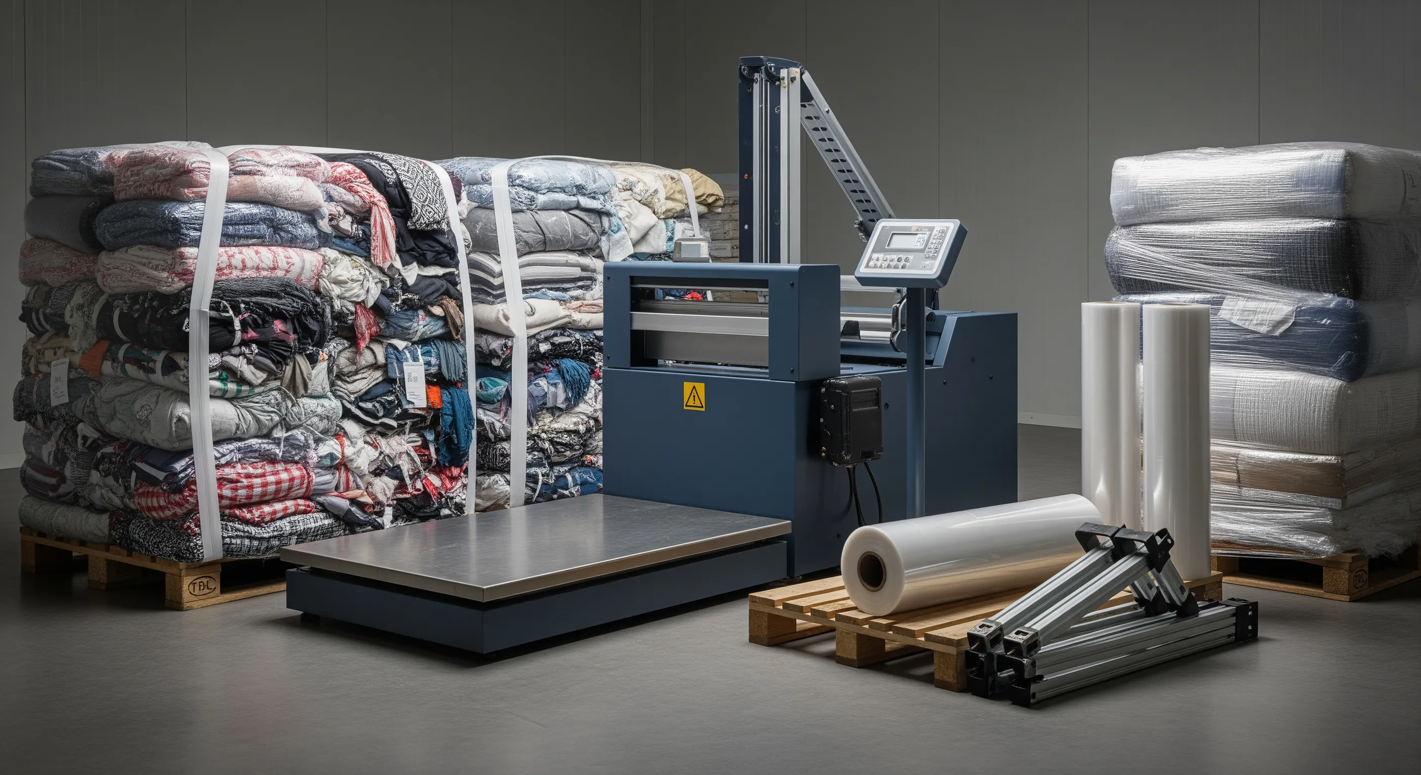 Quality-control station inside warehouse with pallet scale, stretch-wrap machine, shrink film rolls, and partially opened bales showing mixed secondhand textiles.