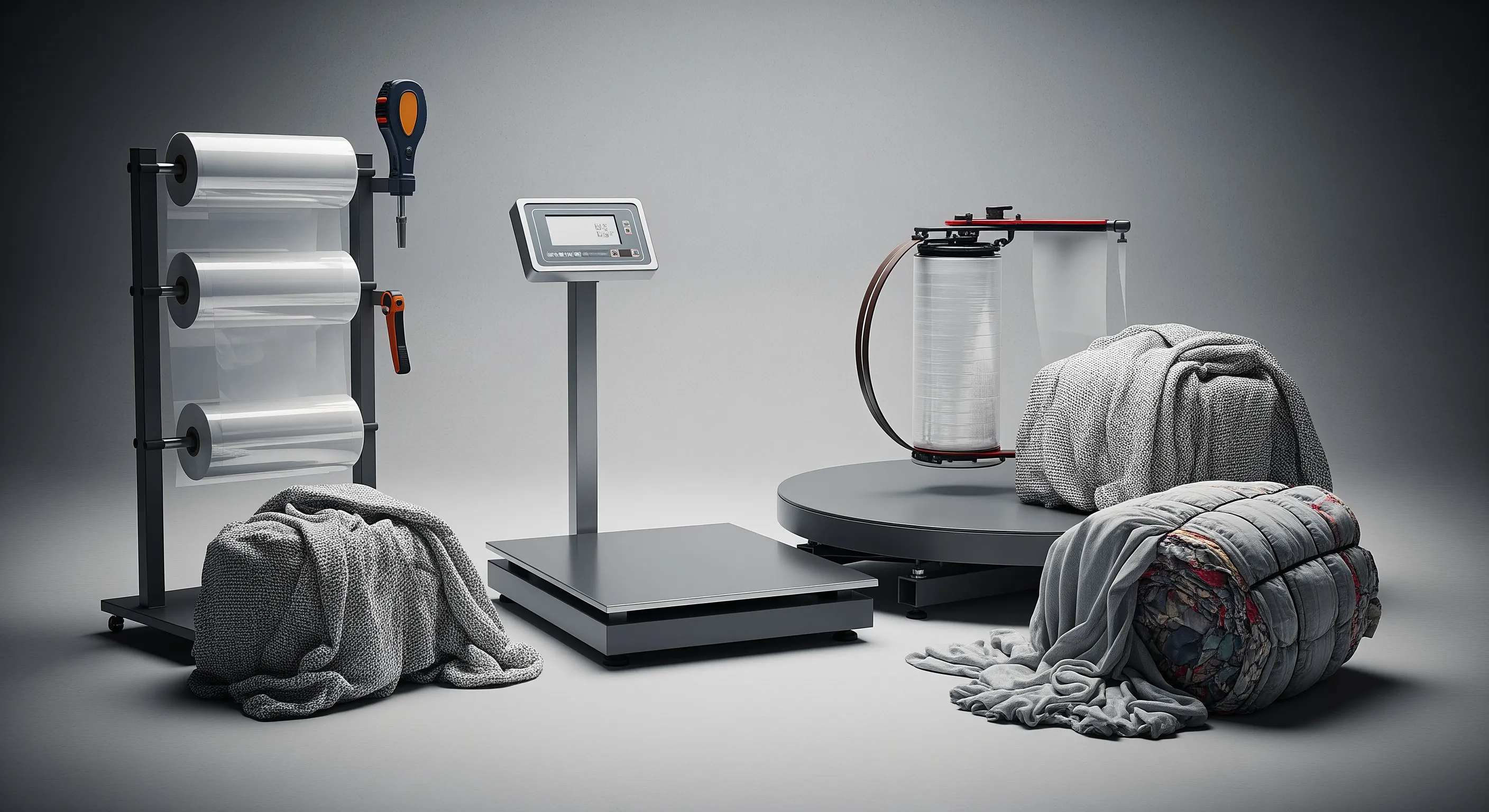 Industrial quality control station with stretch-wrap machine, industrial scale platform, and partially opened bales revealing layered textiles.