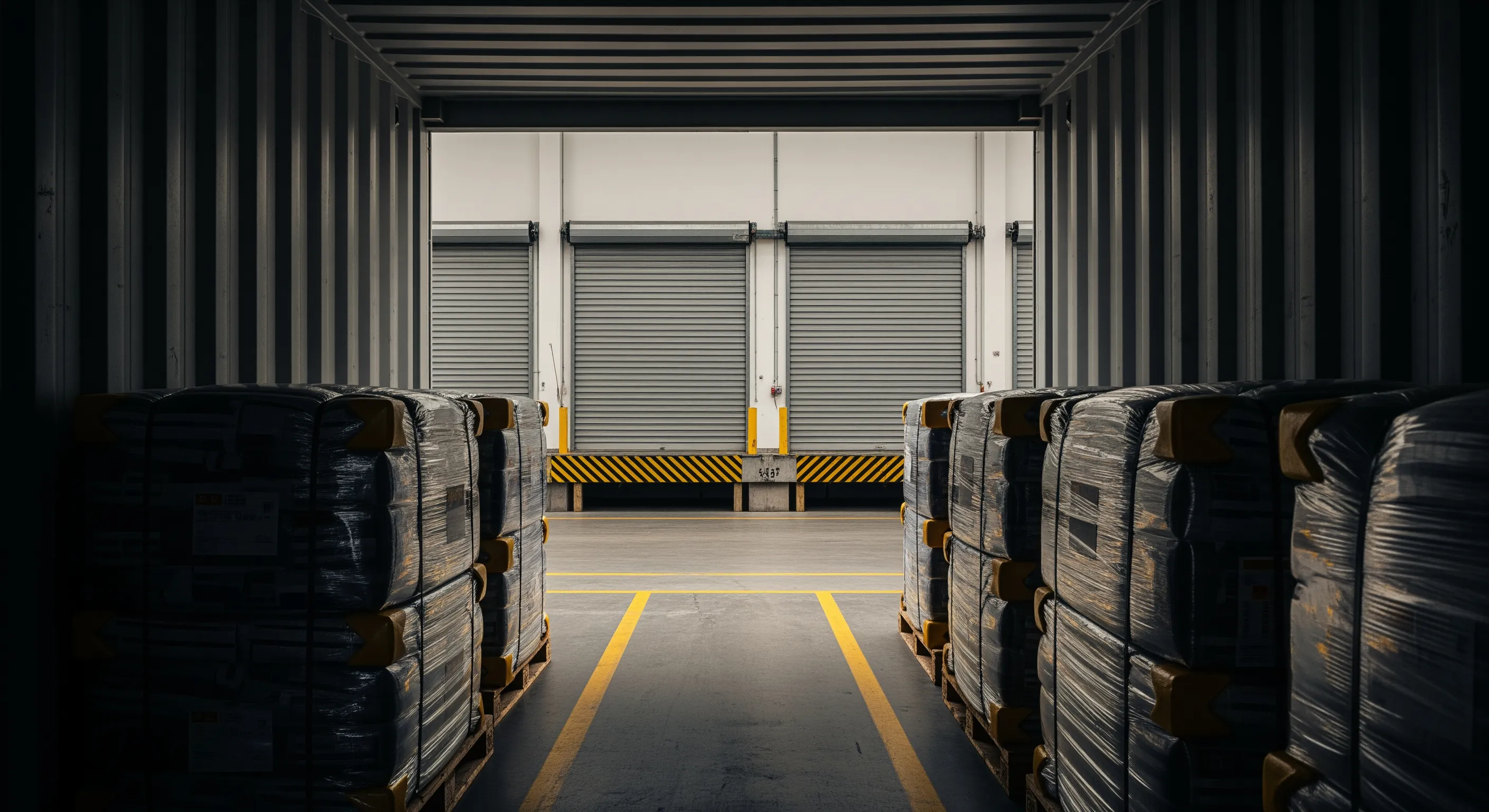 Low-angle view from inside a shipping container towards loading bay with wrapped bales on pallets ready for export under moody warehouse lighting