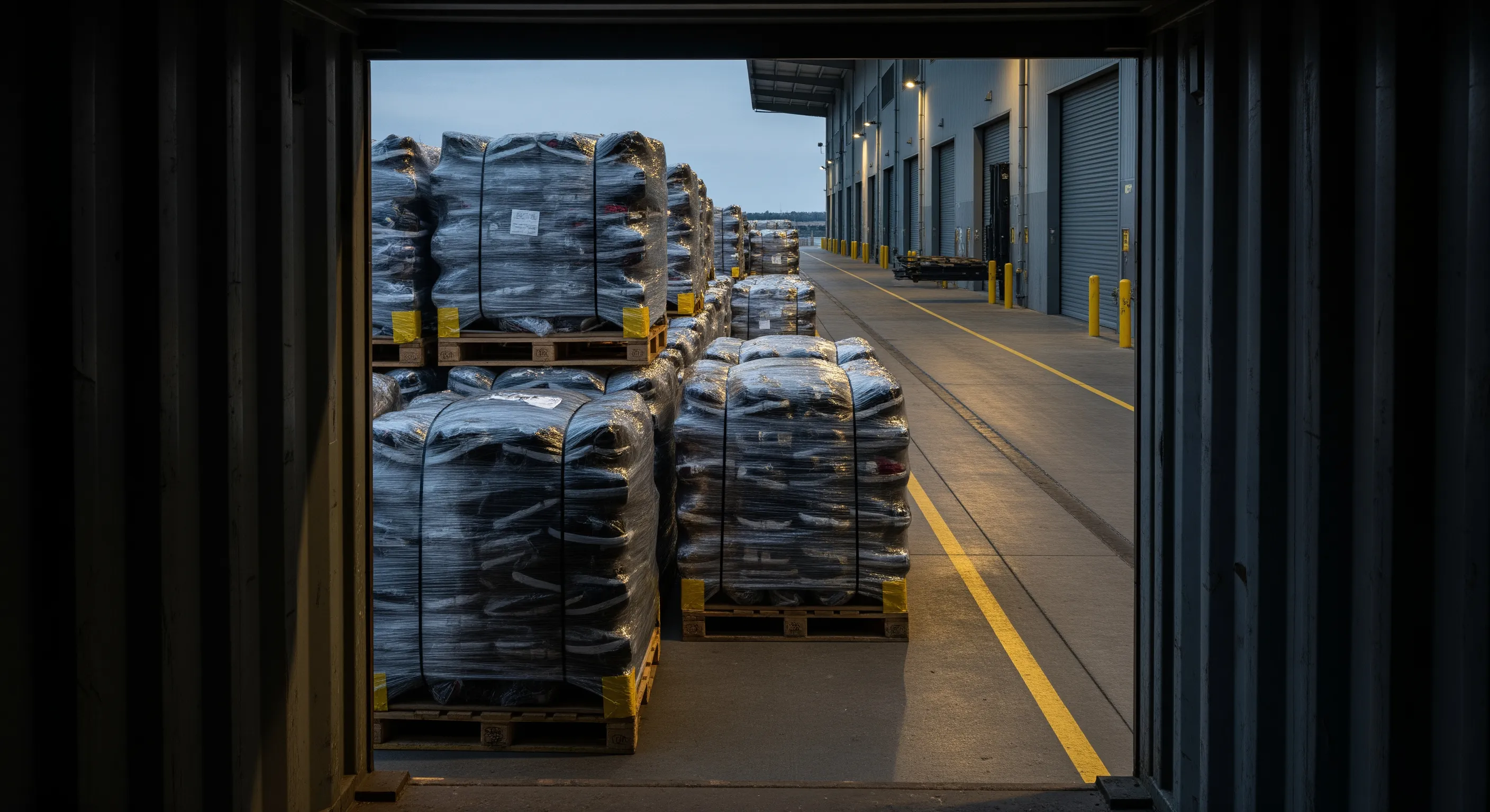 View from inside a shipping container showing palletized bales of second-hand shoes ready for export at a dock with roller doors