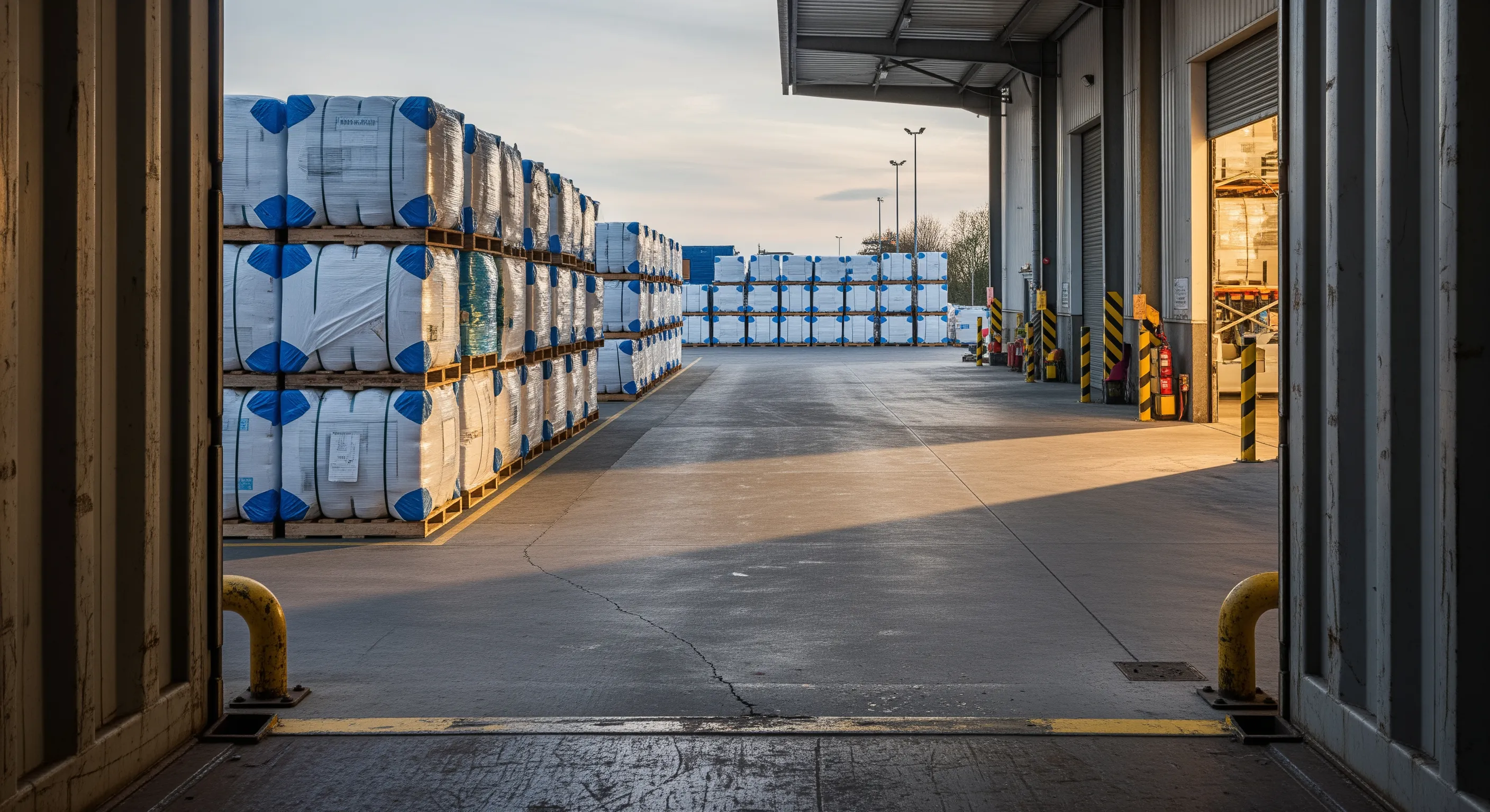 Inside view of a shipping container looking out to a loading dock with neatly arranged wrapped bales and pallets ready for export in moody lighting.