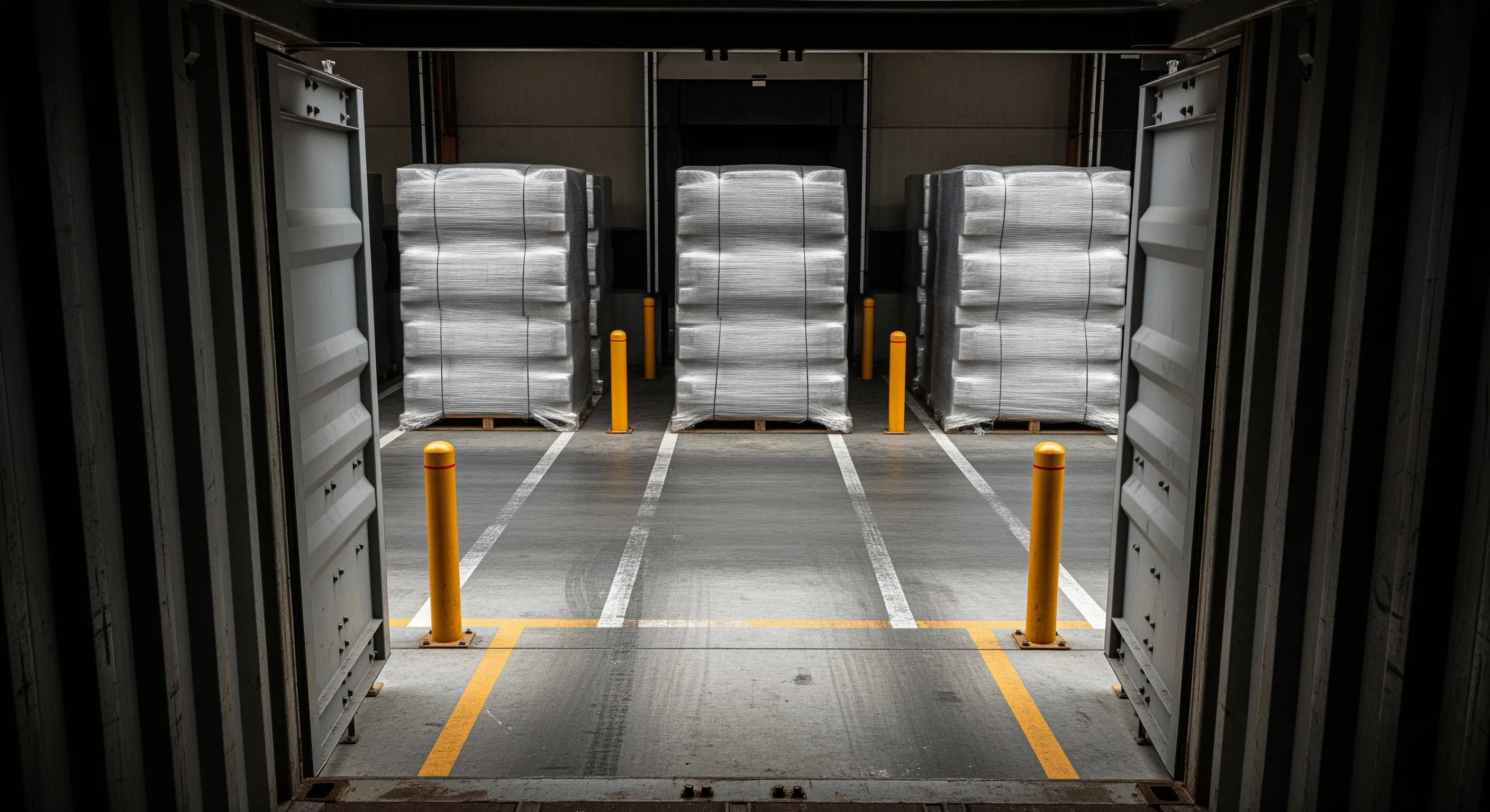 Inside view of shipping container looking out to warehouse dock with neatly aligned wrapped bales ready for export