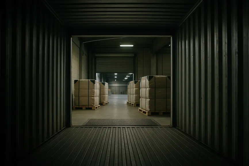 Low-angle view from inside export container toward warehouse dock with wrapped bales and dock leveler in a moody lighting setup.