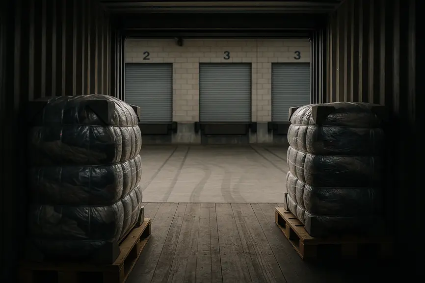 Low-angle view from inside a shipping container looking out to a warehouse dock with wrapped bales ready for export.