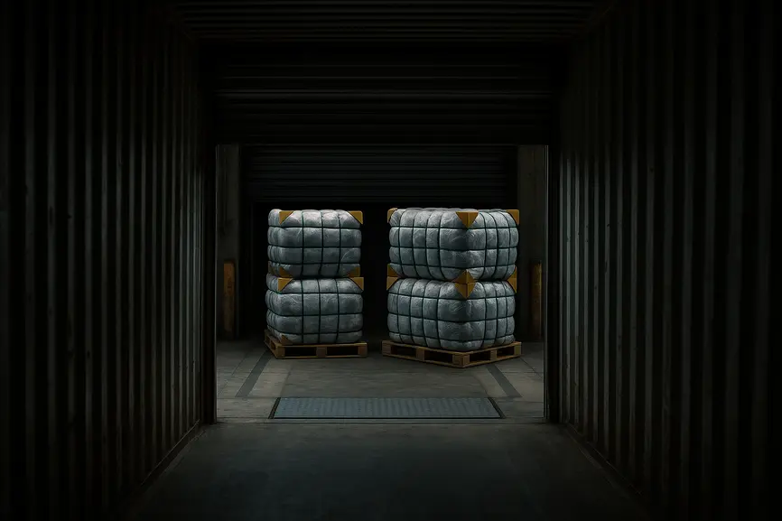 Low-angle view from inside a shipping container showing wrapped bales ready for export at a dock loading bay.
