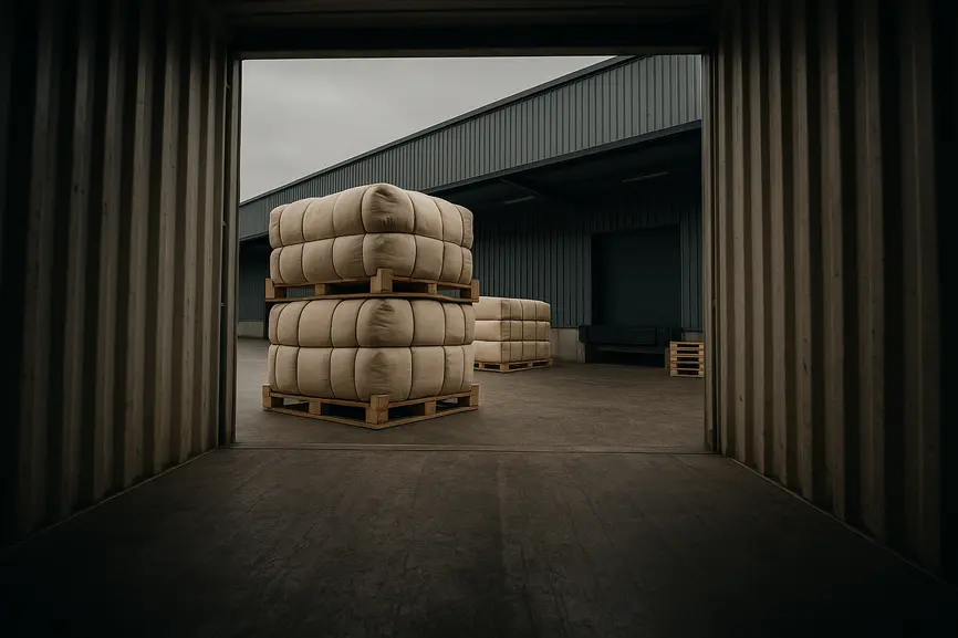 Low angle view from inside a container looking out to a UK warehouse loading bay with cream used clothing bales stacked and ready for export, highlighting logistics preparation.