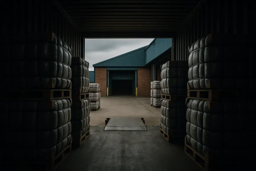 Low-angle view from inside a shipping container looking out to a warehouse dock with stacked wrapped bales and dock leveler under moody lighting.