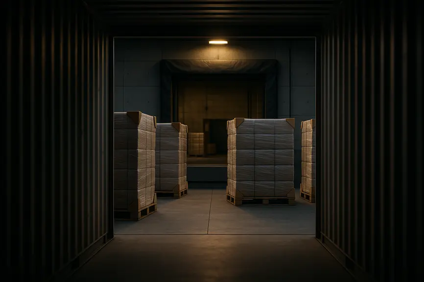View from inside a shipping container showing wrapped bales and dock leveler at a warehouse loading bay ready for export.
