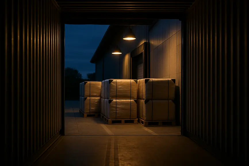 View from inside a shipping container looking out to a warehouse loading dock with stacked wrapped bales on pallets ready for export under moody lighting.