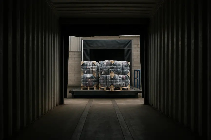 Inside container view looking out at UK dock shelter with neatly staged wrapped bales ready for export.