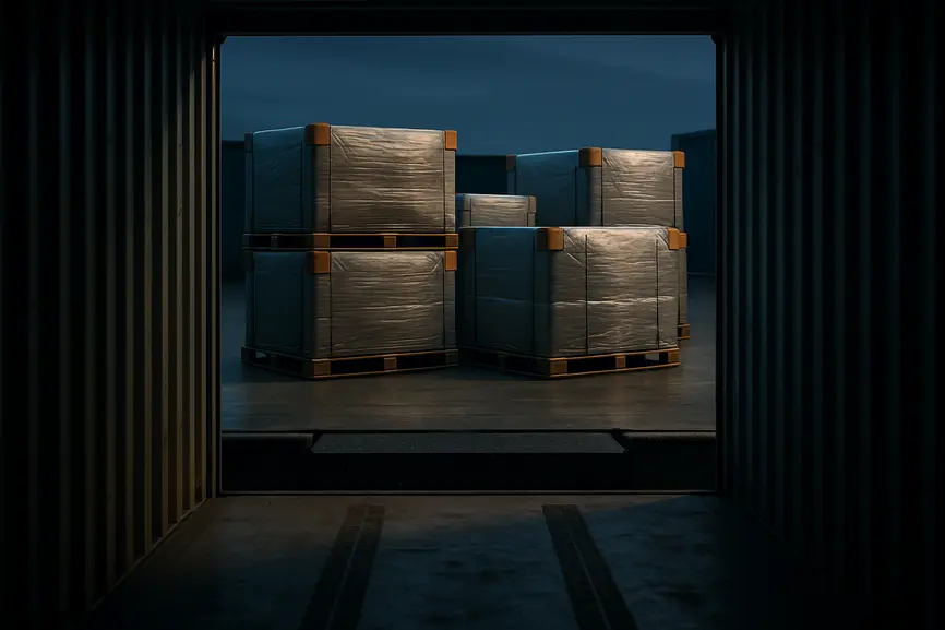 View from inside container looking out at loading bay with large wrapped bales stacked on pallets ready for export at dusk.
