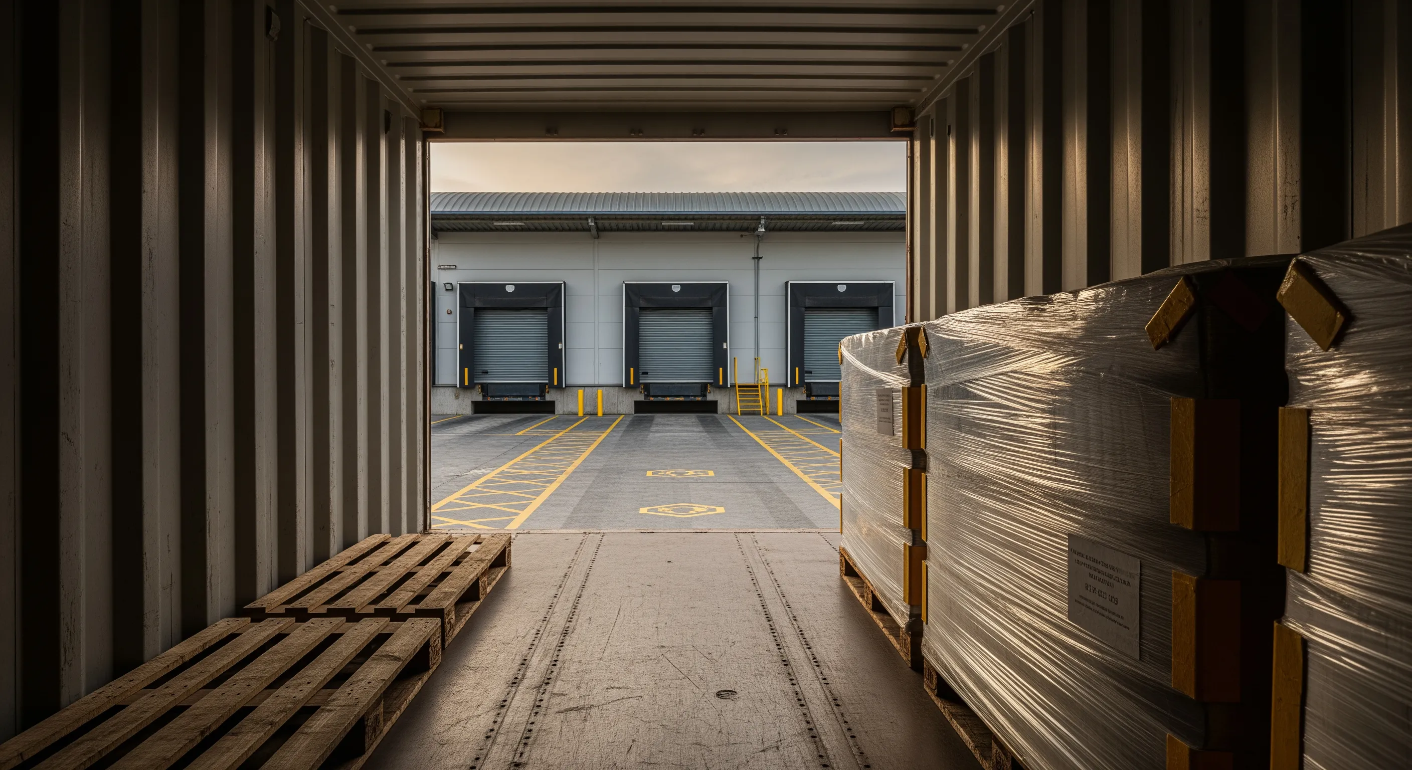 Inside container view looking out to dock, showing stacked wrapped bales on pallets, dock leveler, and roller doors with moody lighting at a clothing export warehouse.