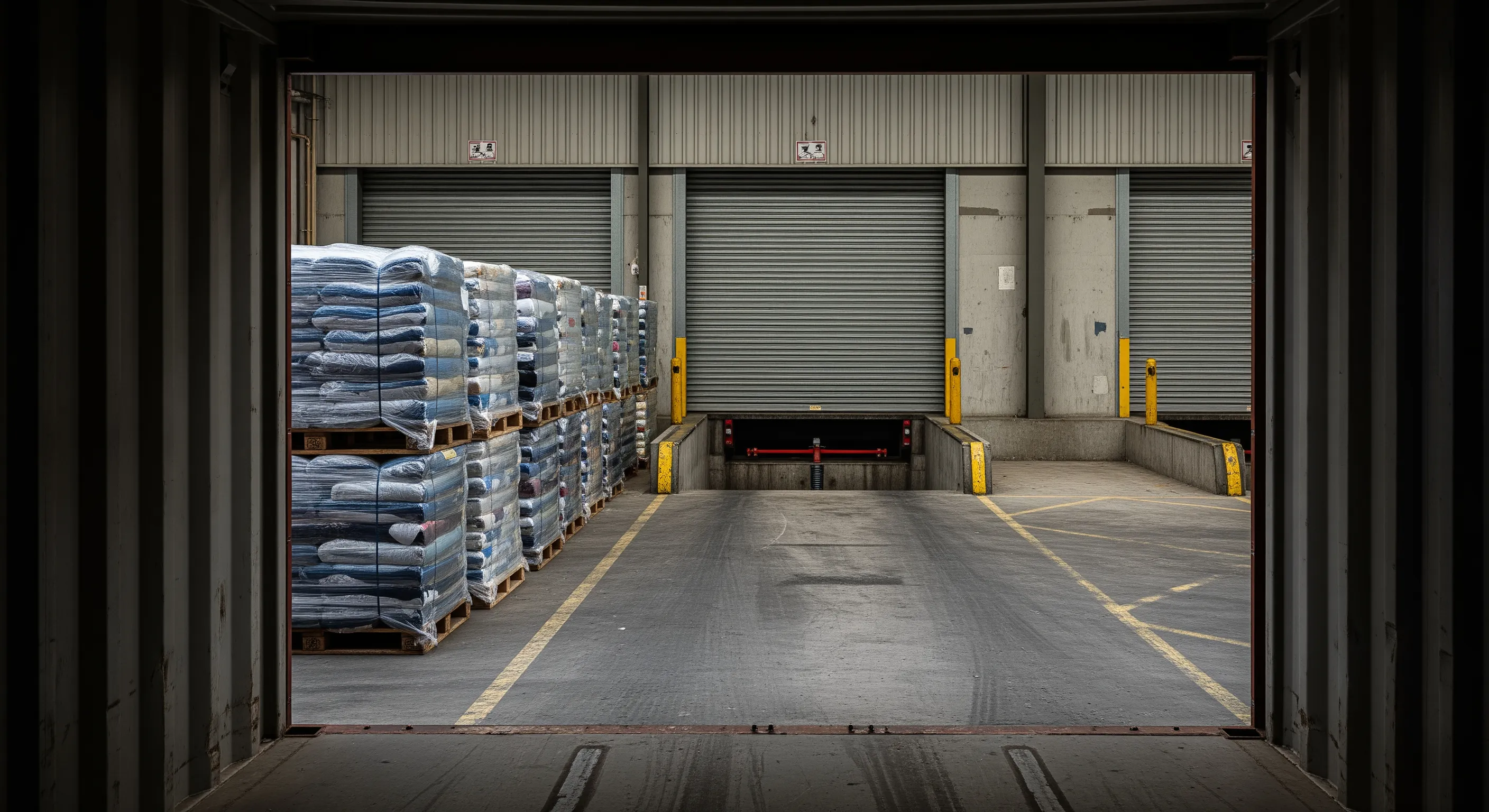 View from inside a shipping container looking outward to a UK warehouse loading dock with neatly stacked wrapped bales ready for export.