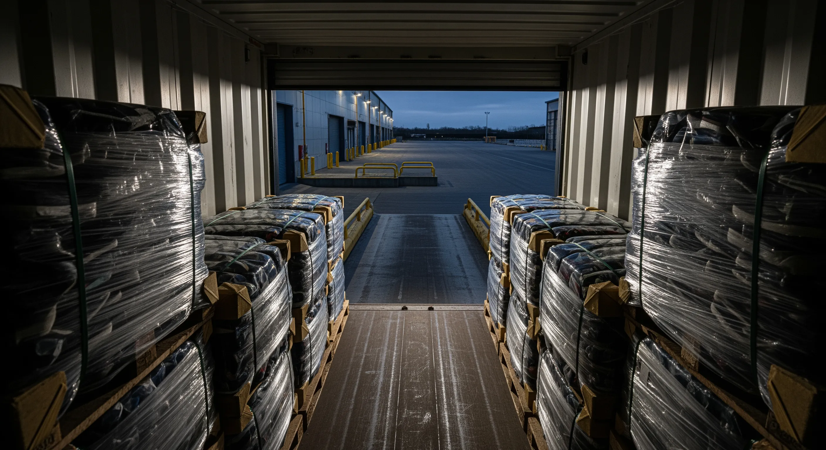 Low-angle perspective inside export container loaded with wrapped bales on pallets looking out to warehouse loading bay at dusk, ready for shipment.