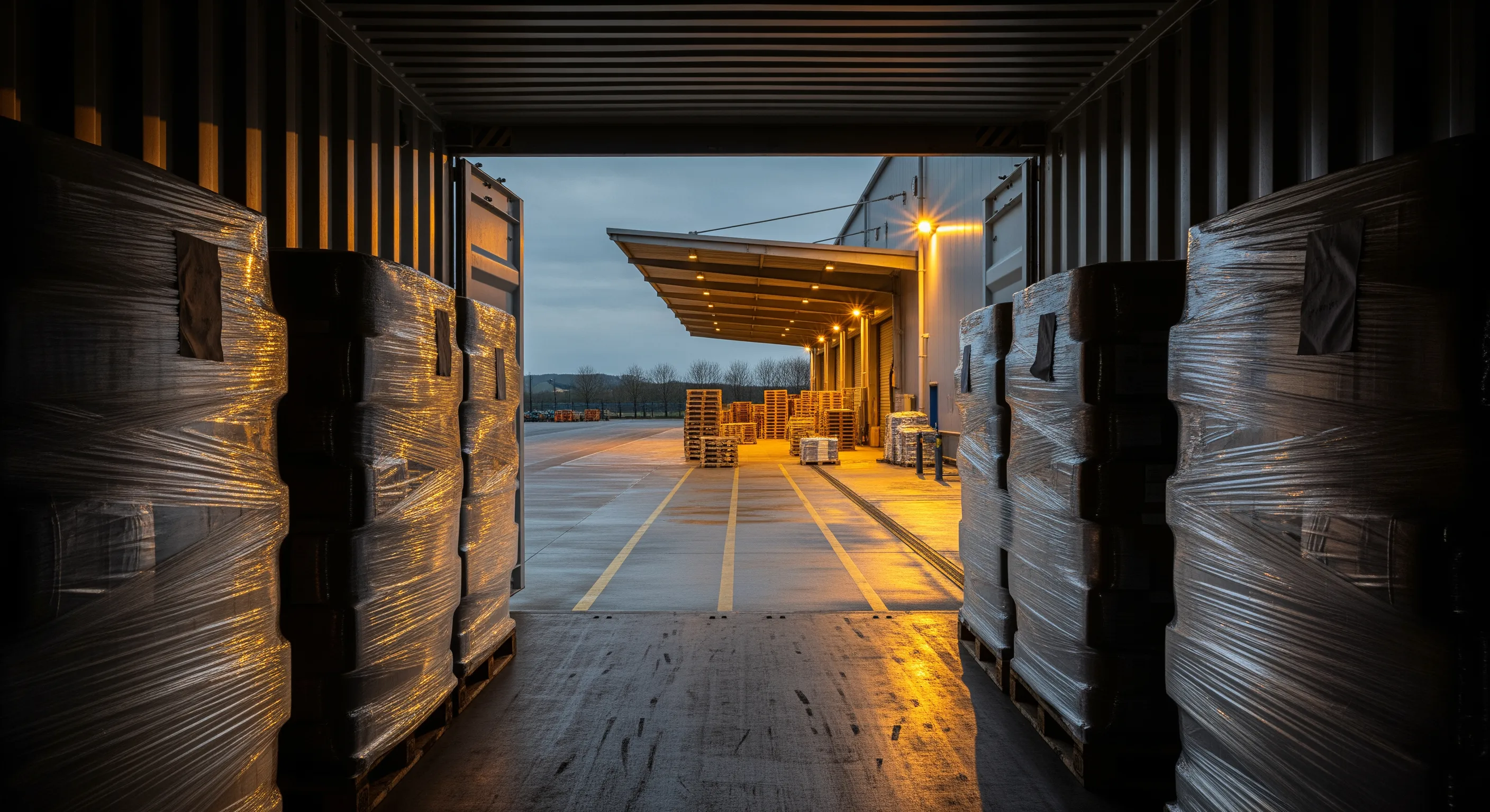 View from inside shipping container looking out to dock with wrapped bales on pallets staged for export under moody dusk light