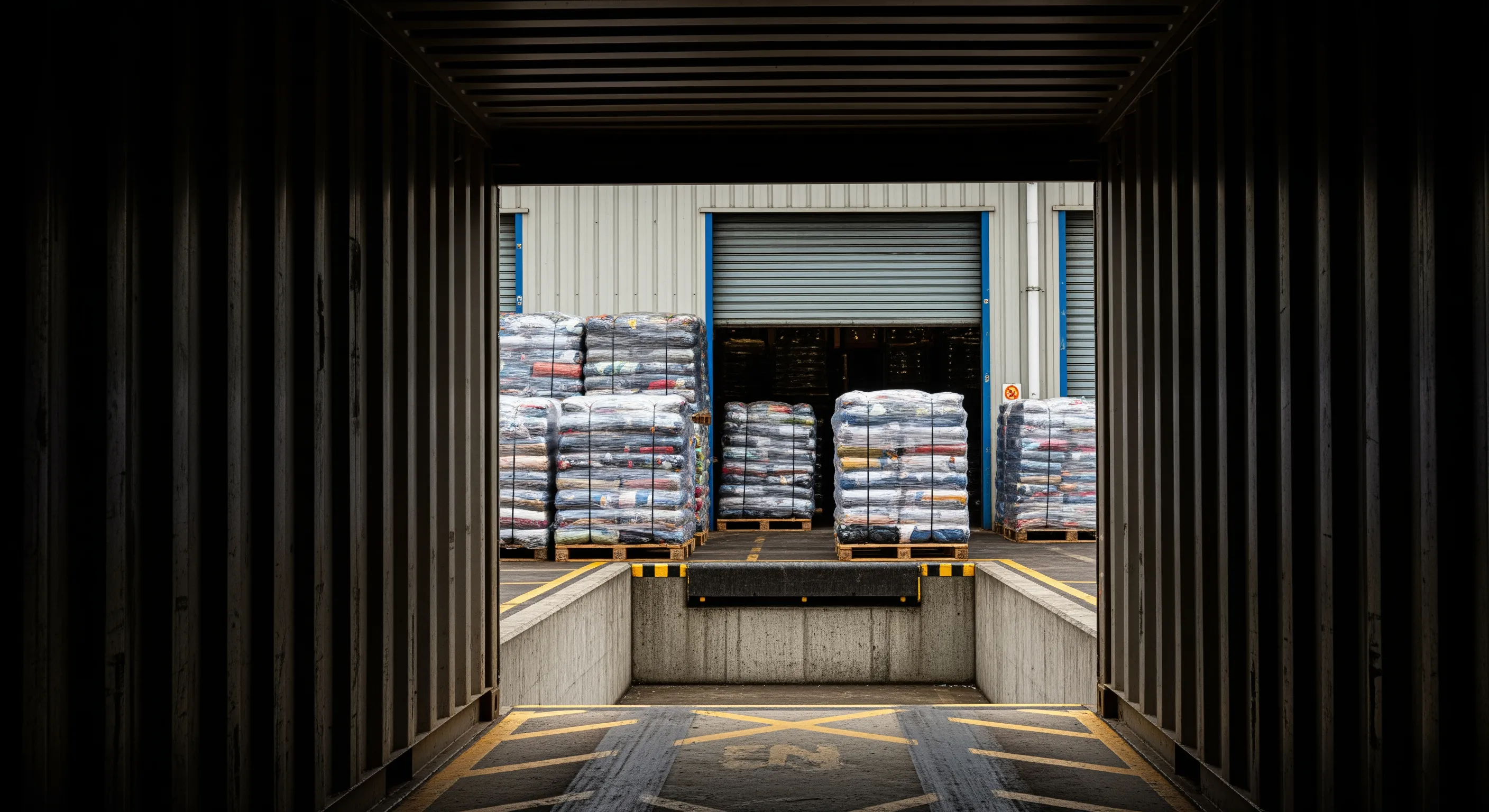 Inside shipping container looking out to loading bay with wrapped bales on pallets and dock leveler illuminated by natural industrial lighting.