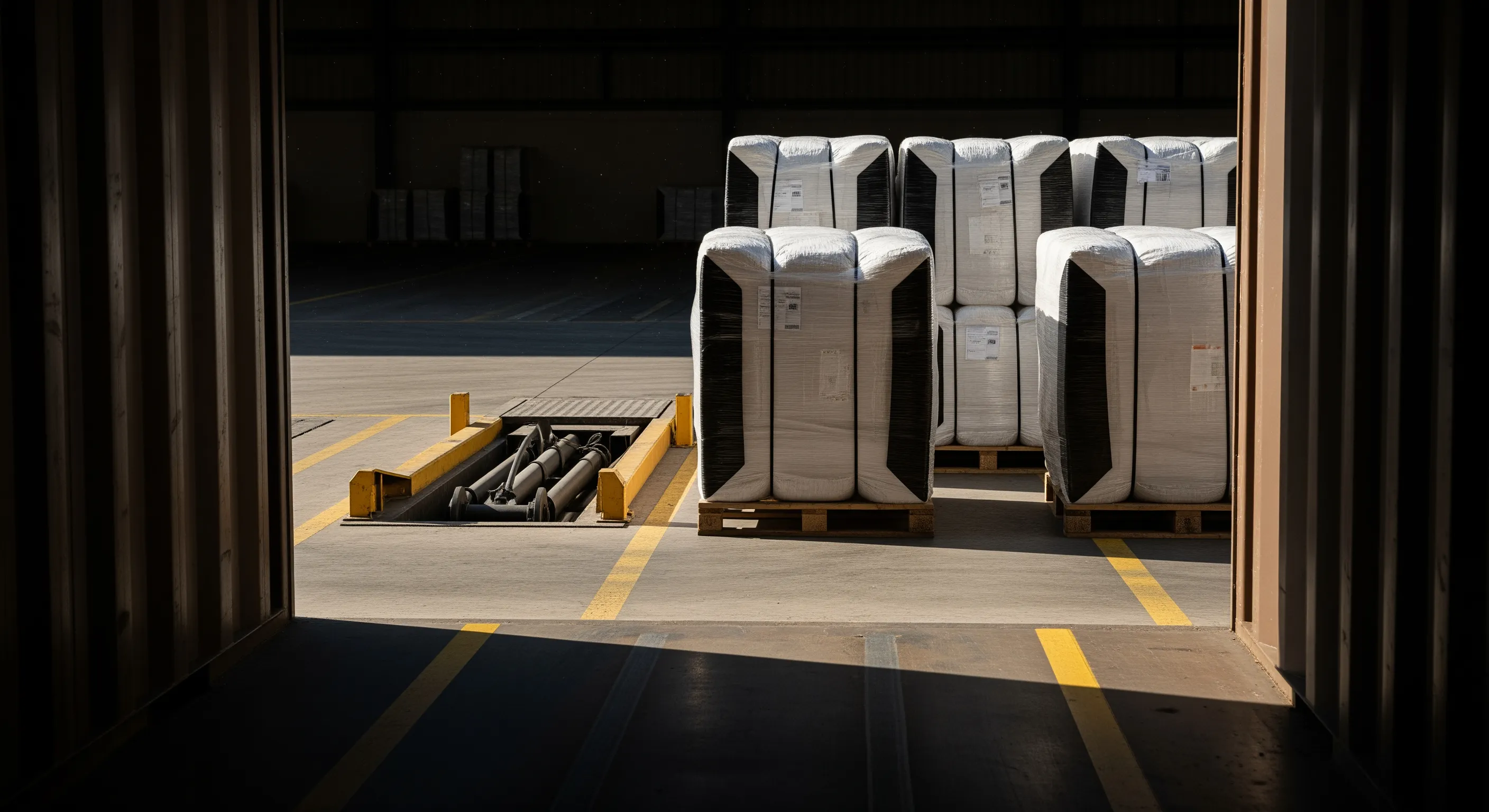 Low-angle perspective from inside a shipping container looking out to a loading bay with wrapped shoe bales aligned ready for export.
