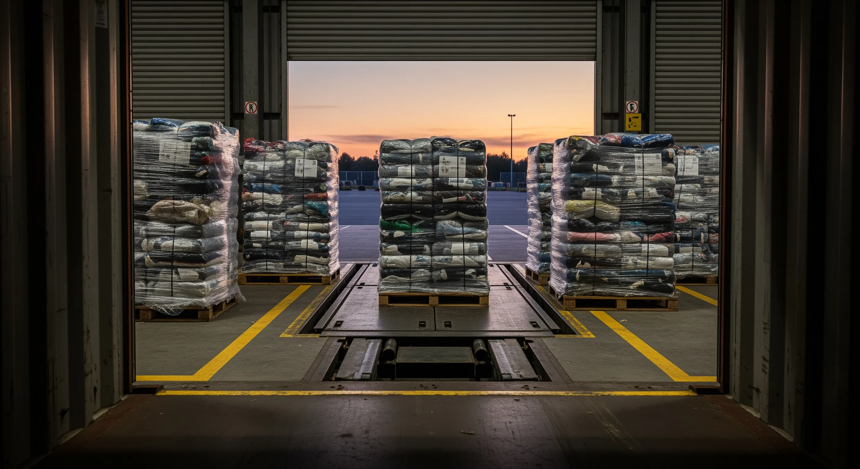 Inside shipping container looking out at loading dock with wrapped bales on pallets ready for export under moody lighting conditions.