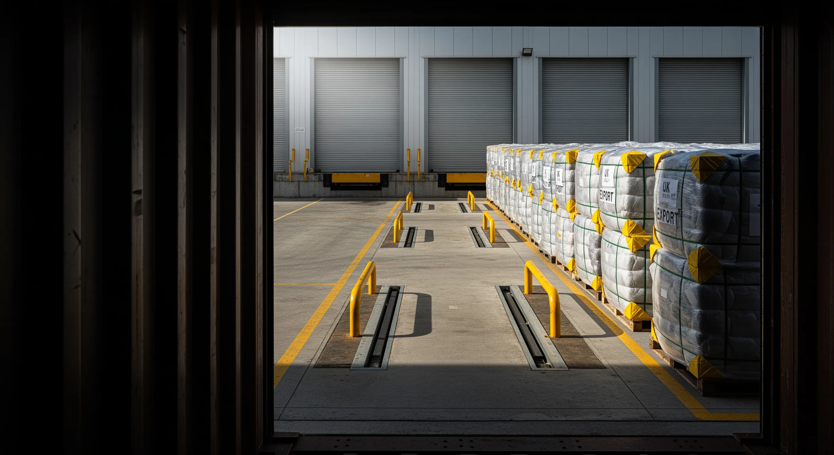 Low-angle view from inside a shipping container facing a loading dock with wrapped bales staged for export