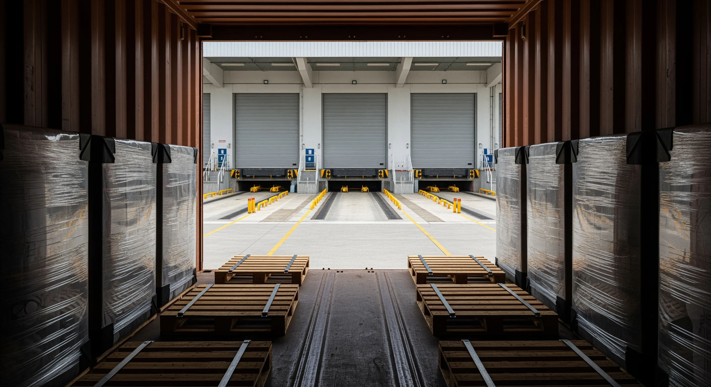 Low-angle view from inside a shipping container looking out to a loading dock with stacked wrapped bales and dock equipment under natural moody light