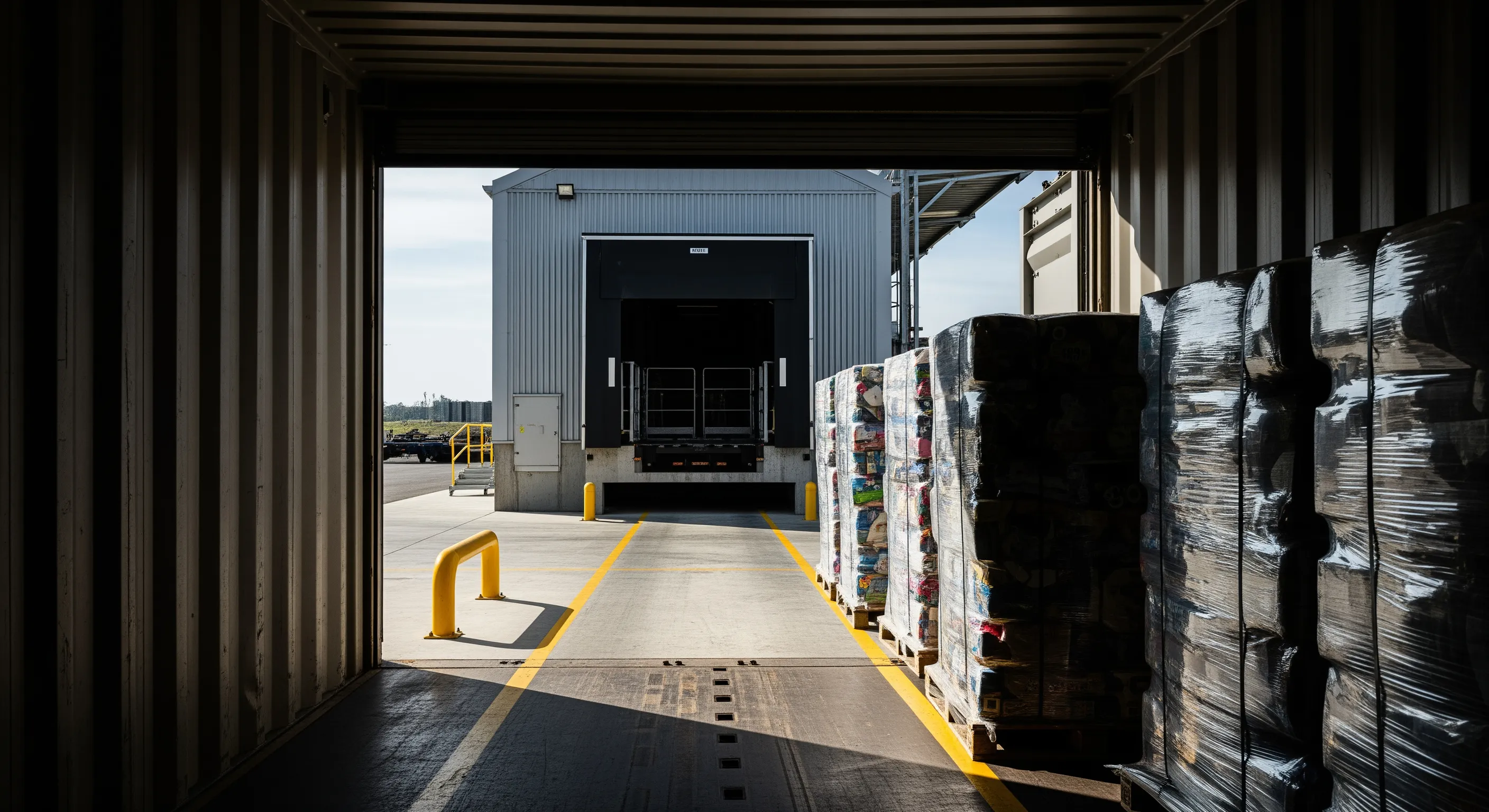 Inside shipping container looking out at dock with neatly staged pallets of wrapped second hand toy bales ready for export