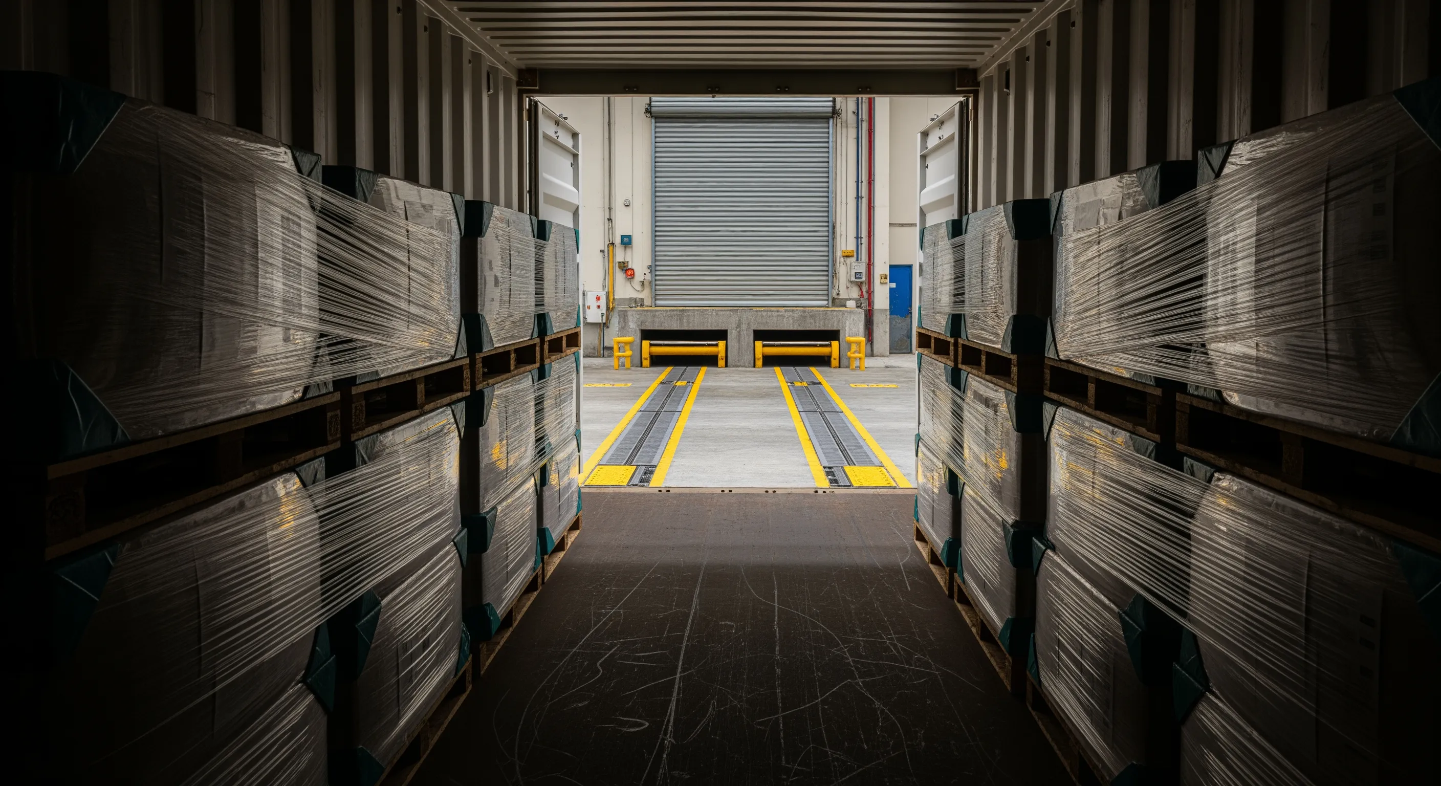 Inside a shipping container looking out at a dock bay with wrapped textile bales ready for export, viewed from a low angle.