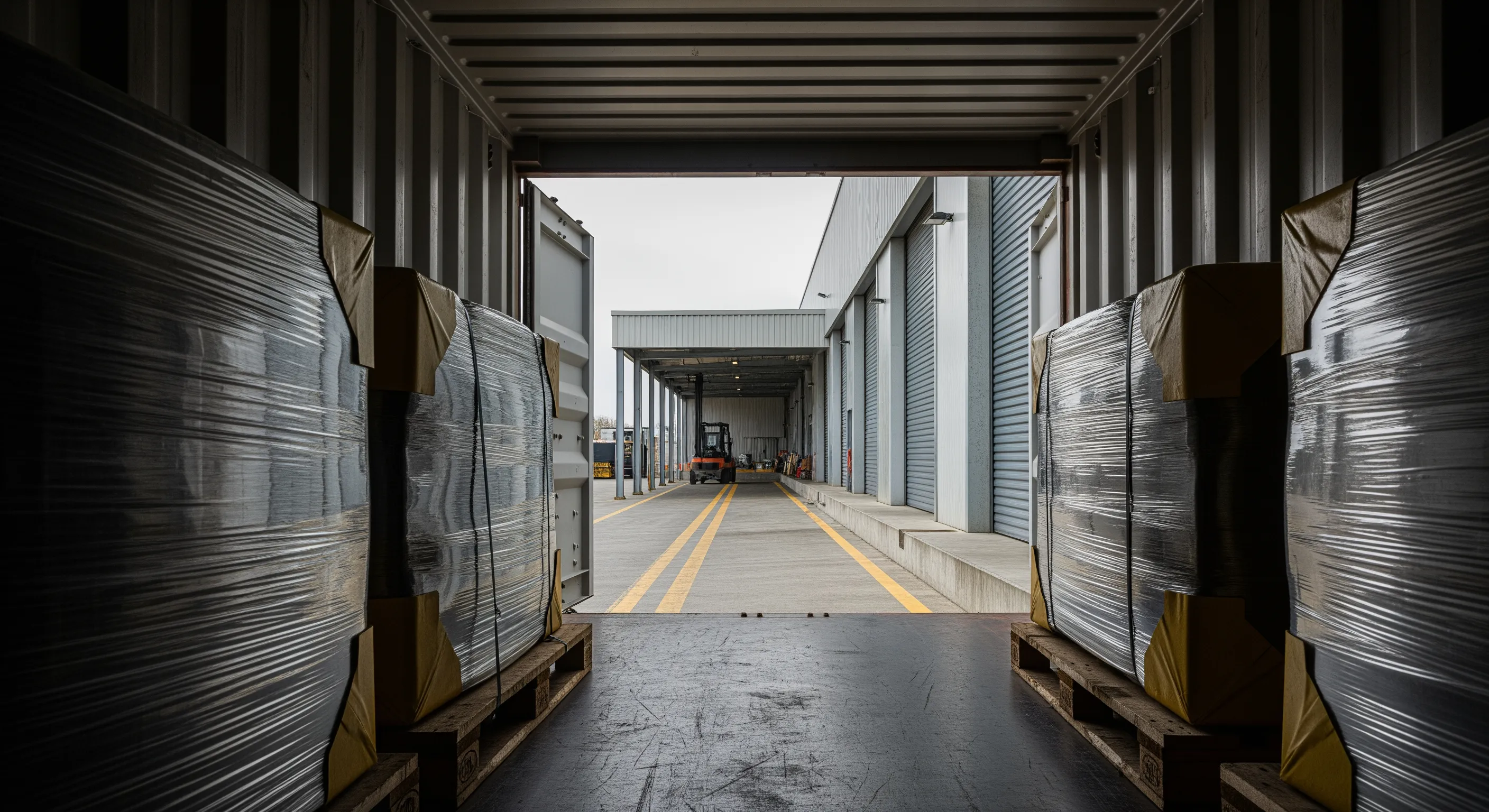 Inside a shipping container looking out at a warehouse dock with wrapped bales on pallets, ready for export shipping.