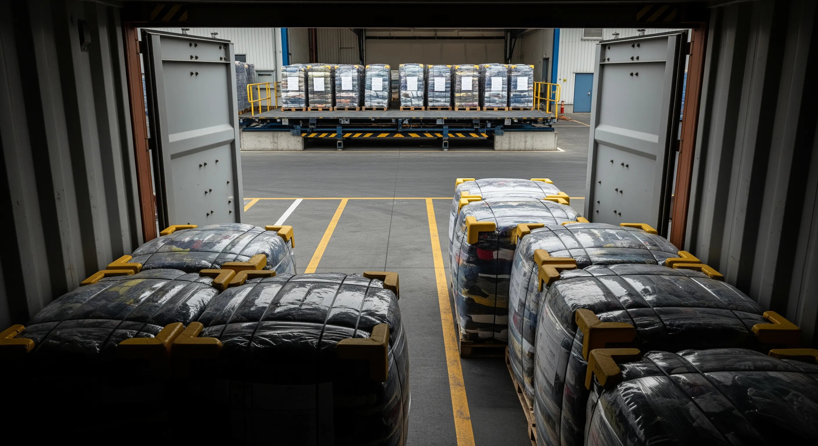 Low-angle view from inside an open shipping container looking out to a dock with wrapped clothing bales on pallets ready for export under moody industrial lighting
