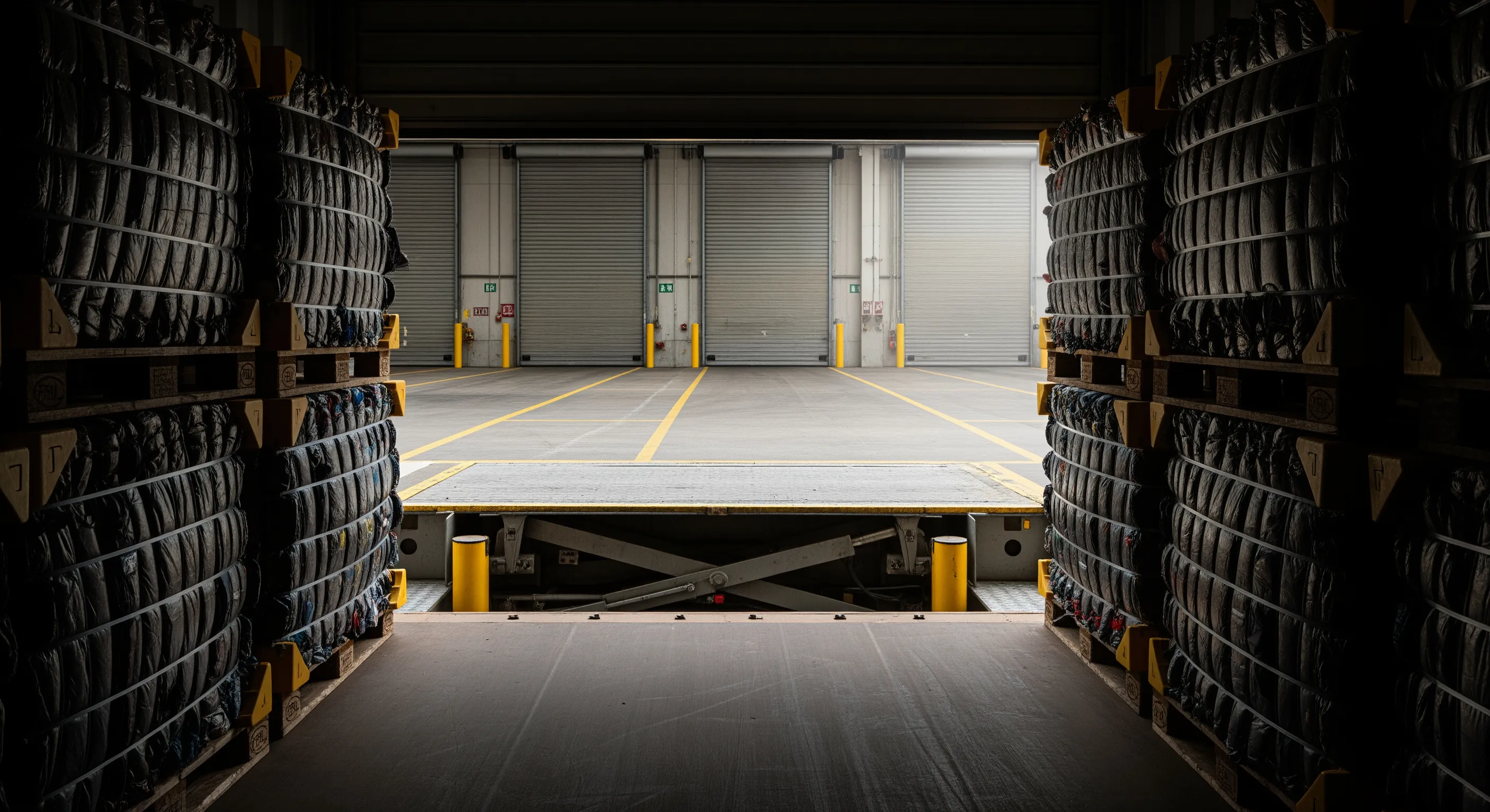 View from inside a shipping container showing second hand clothing bales staged for export at a warehouse loading dock in the Netherlands