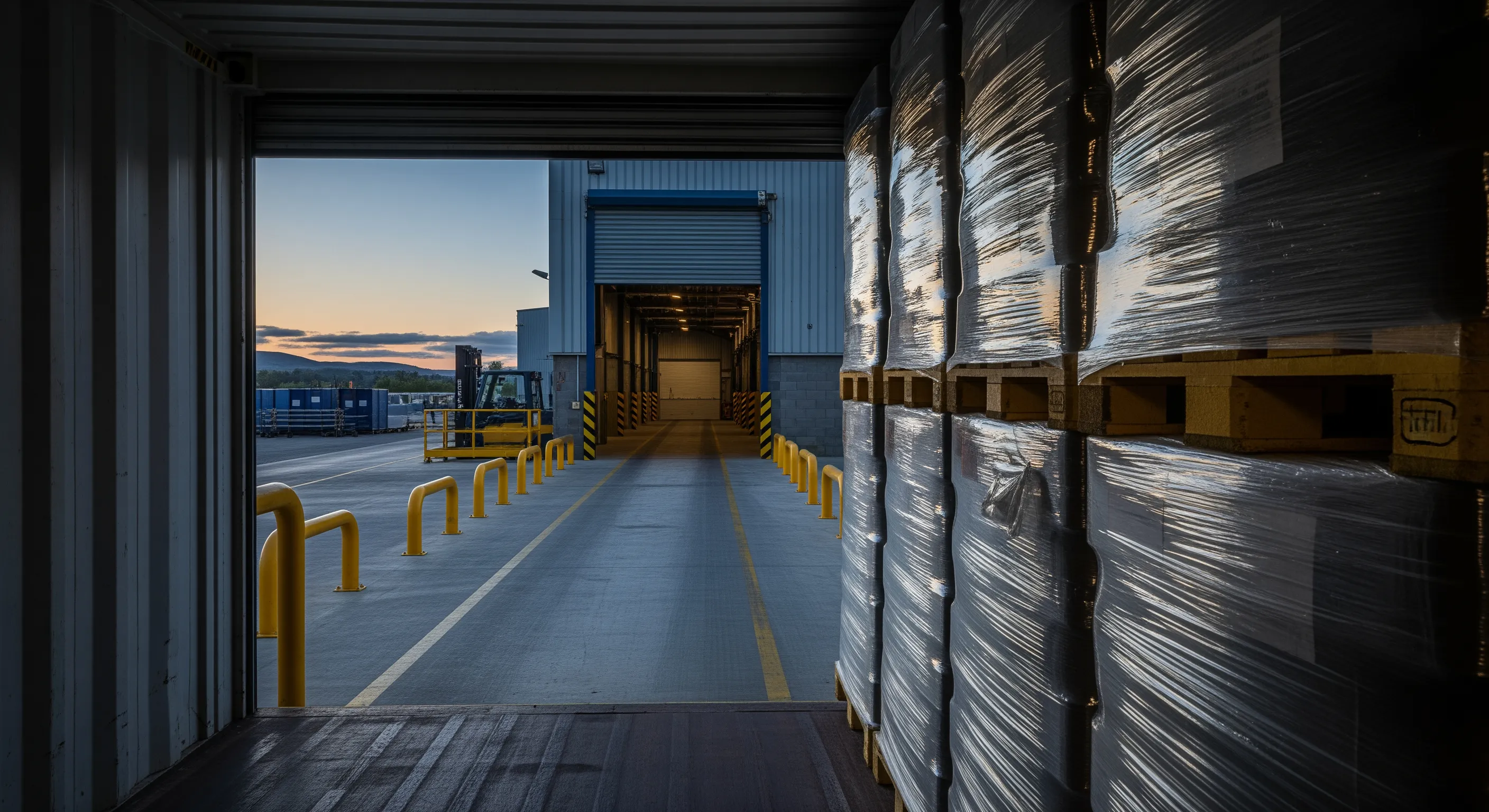 Interior container view toward warehouse dock with wrapped bales on pallets, roller door open and moody dusk lighting