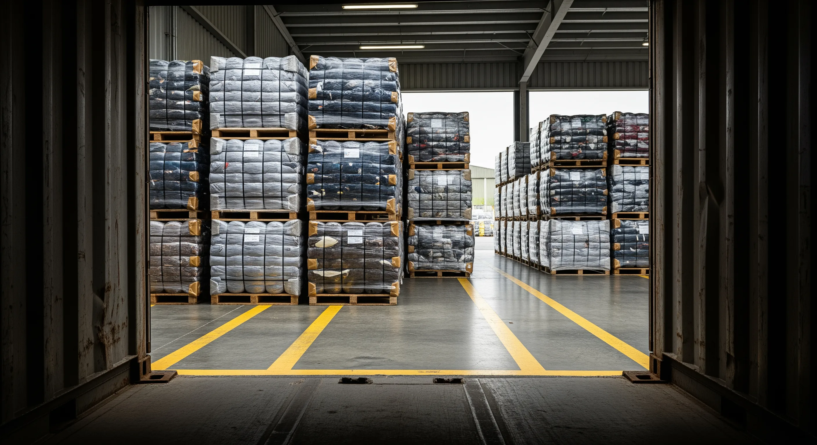 Low-angle view from inside shipping container looking out to dock with neatly stacked wrapped bales on pallets ready for export.