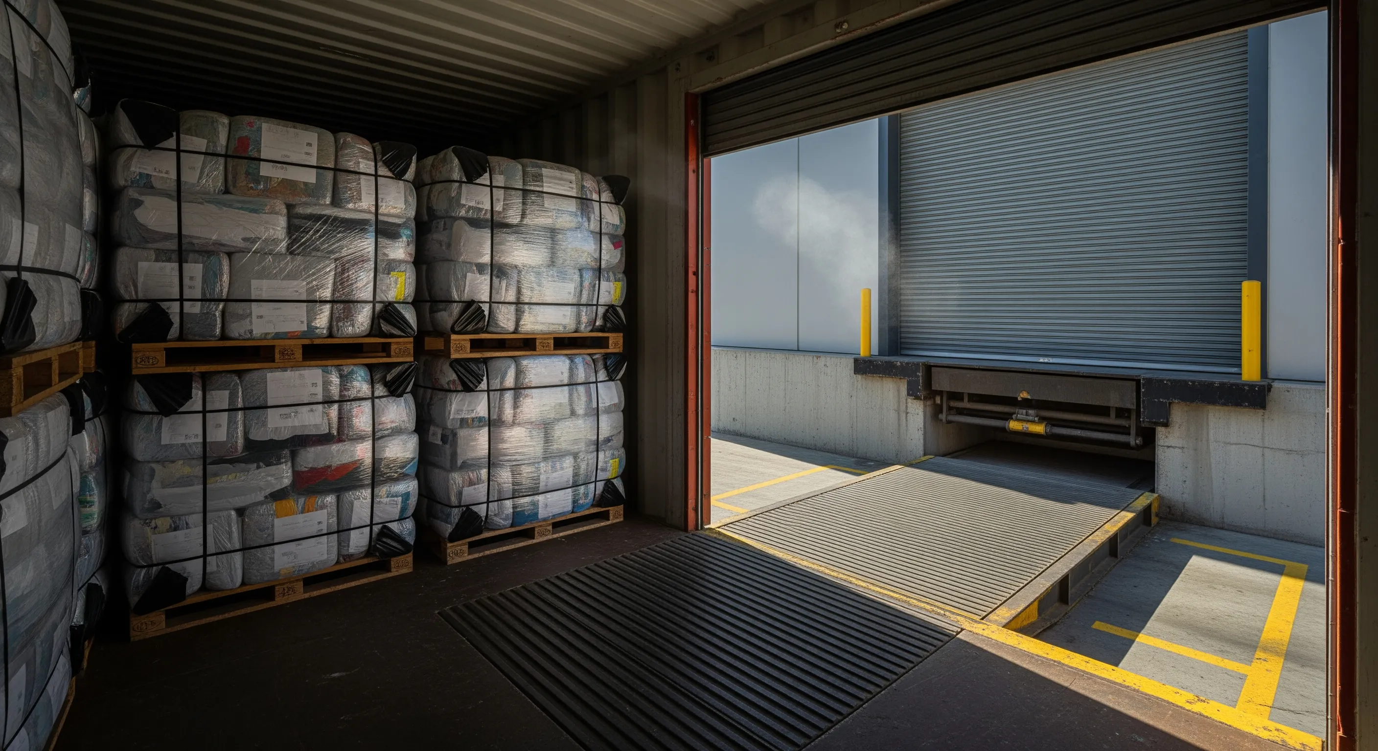 Low-angle view from inside a shipping container filled with wrapped secondhand clothing bales looking out to a loading dock with roller doors