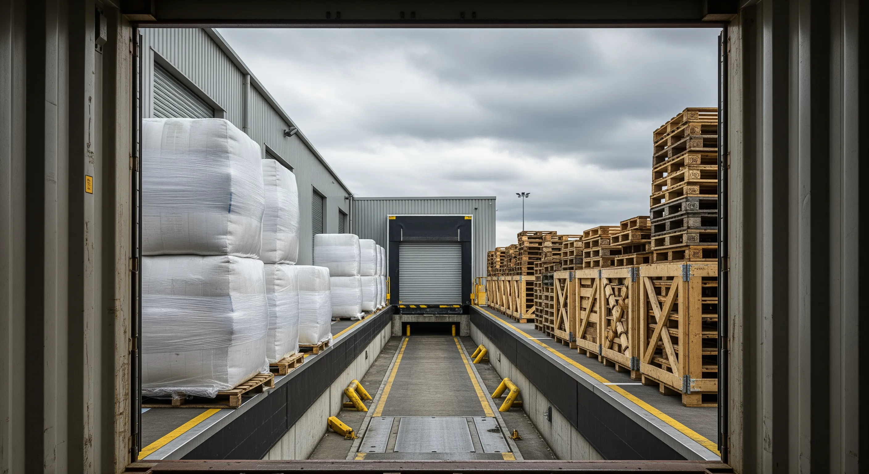 Low-angle view from inside shipping container looking out at wrapped textile bales and pallets staged at warehouse dock