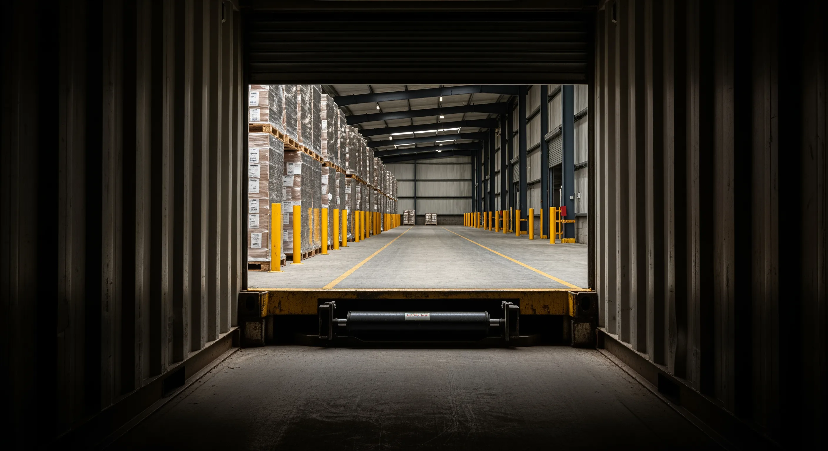 Low-angle perspective from inside a shipping container looking out at pallets of wrapped clothes bales aligned at a warehouse loading dock