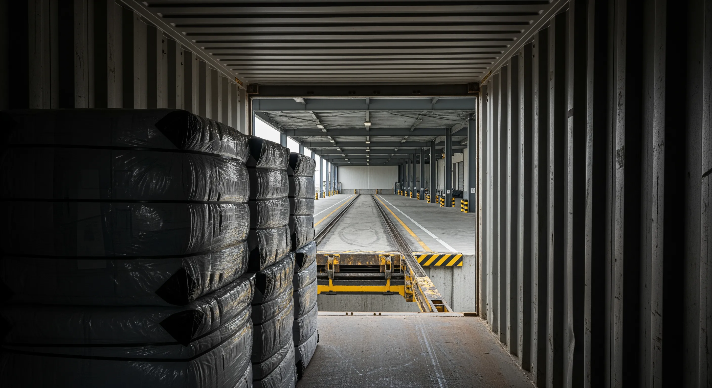 Low-angle view from inside a shipping container stacked with wrapped bales of wholesale used baby clothes looking out onto a dock loading bay with forklift lanes.