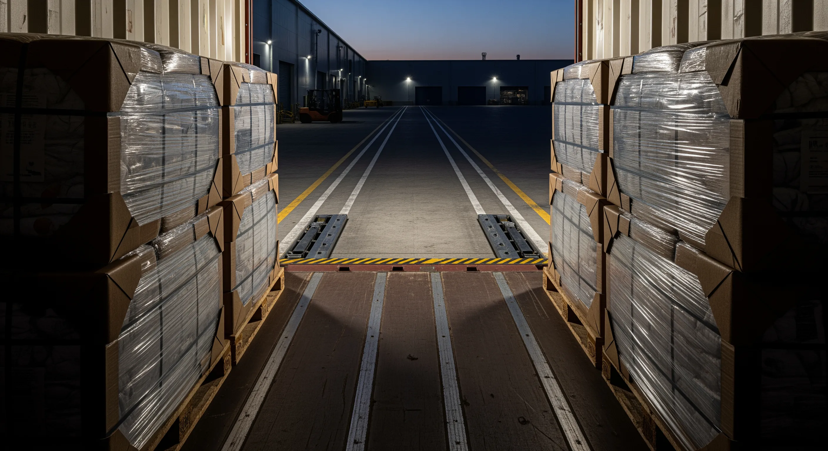 Low-angle perspective from inside a shipping container looking out to a loading dock with stacked wrapped textile bales and dock leveler at dusk