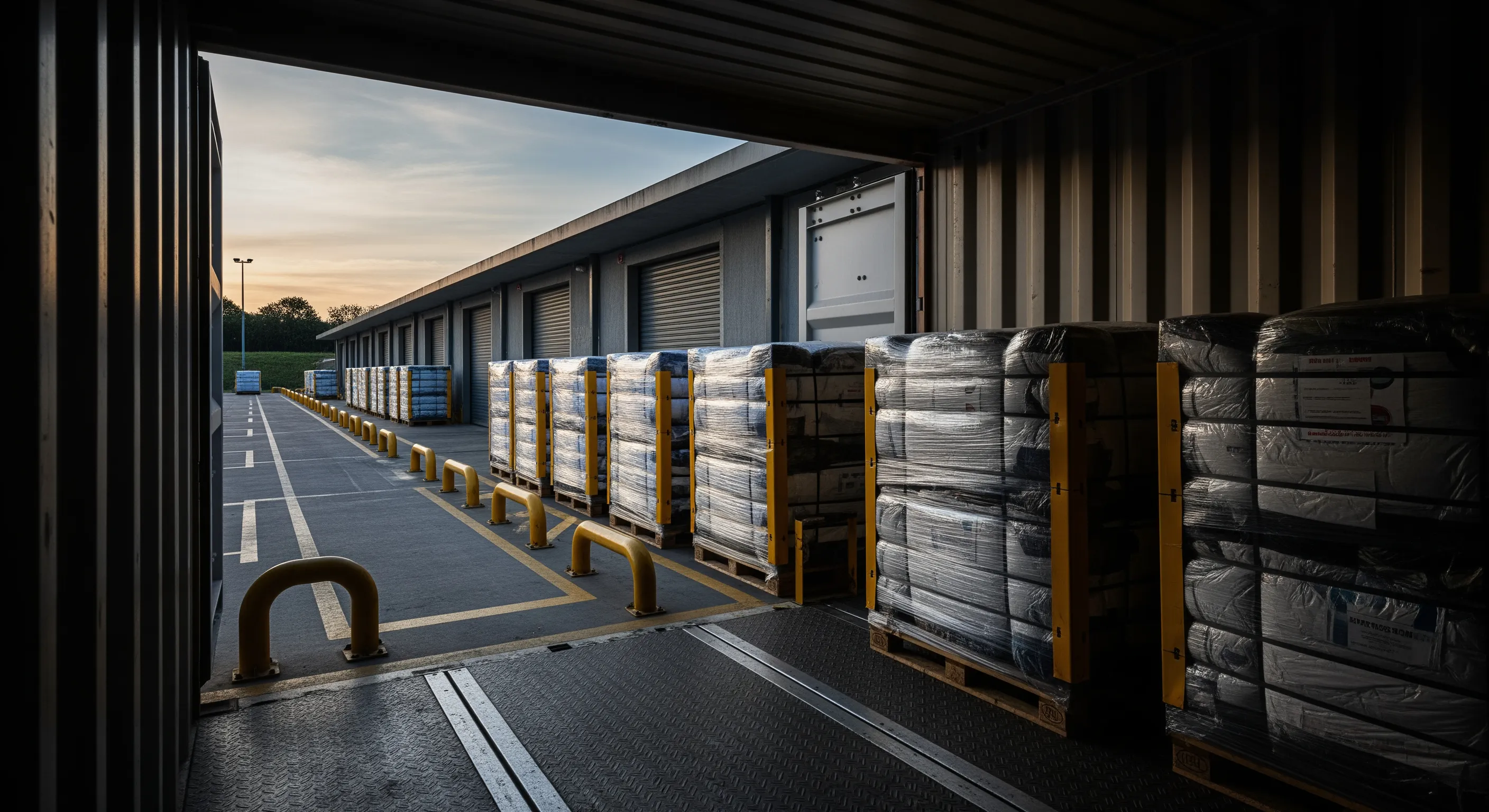 Low-angle shot from inside a shipping container looking out at a warehouse dock with palletized wrapped bales arranged for export loading under moody evening light.