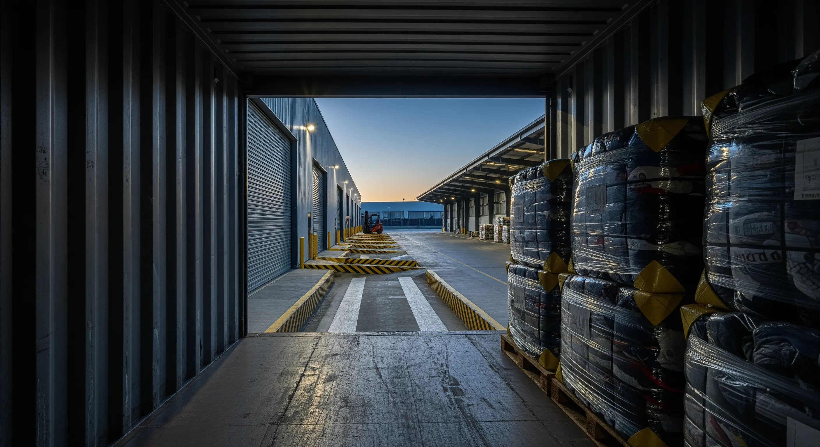 View from inside shipping container showing neatly wrapped bales on pallets aligned at loading dock with roller doors under dim industrial lighting