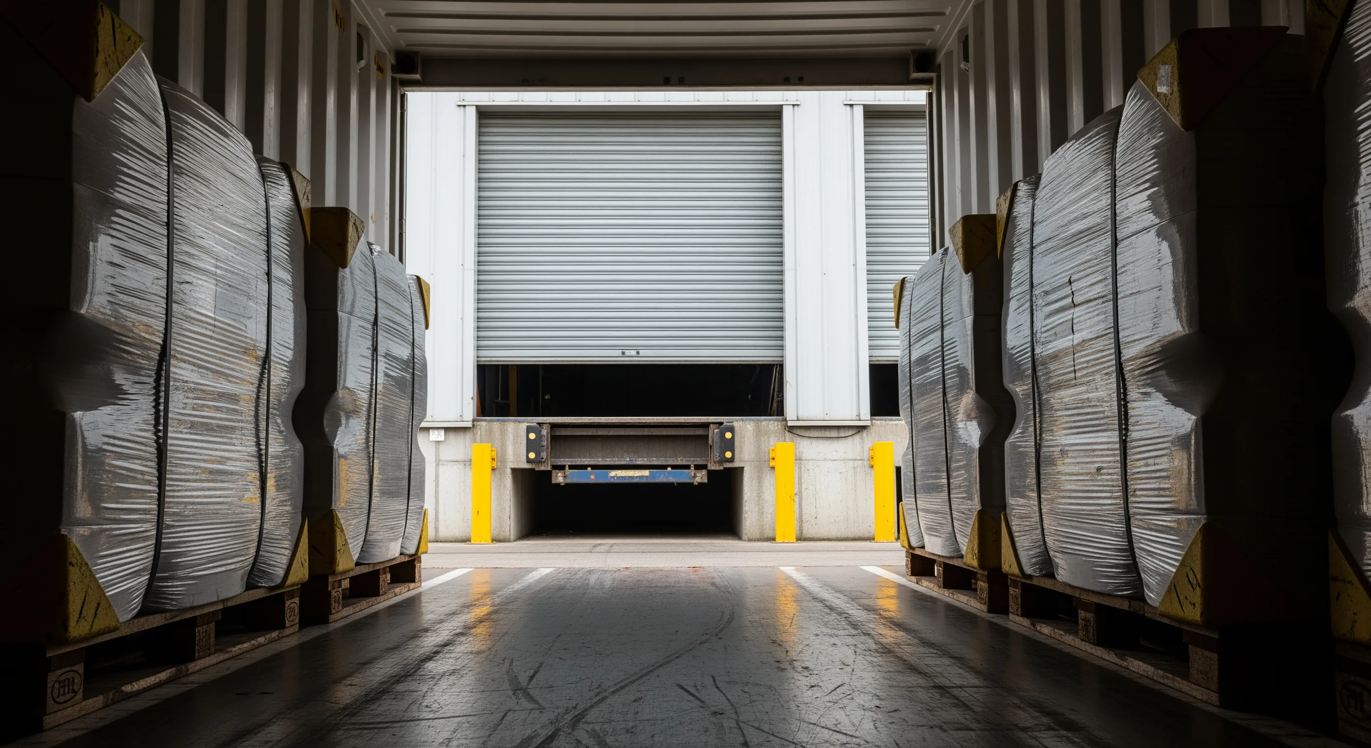 Low-angle view from inside a shipping container looking out at wrapped clothing bales and dock shelter with pallet staging outside.