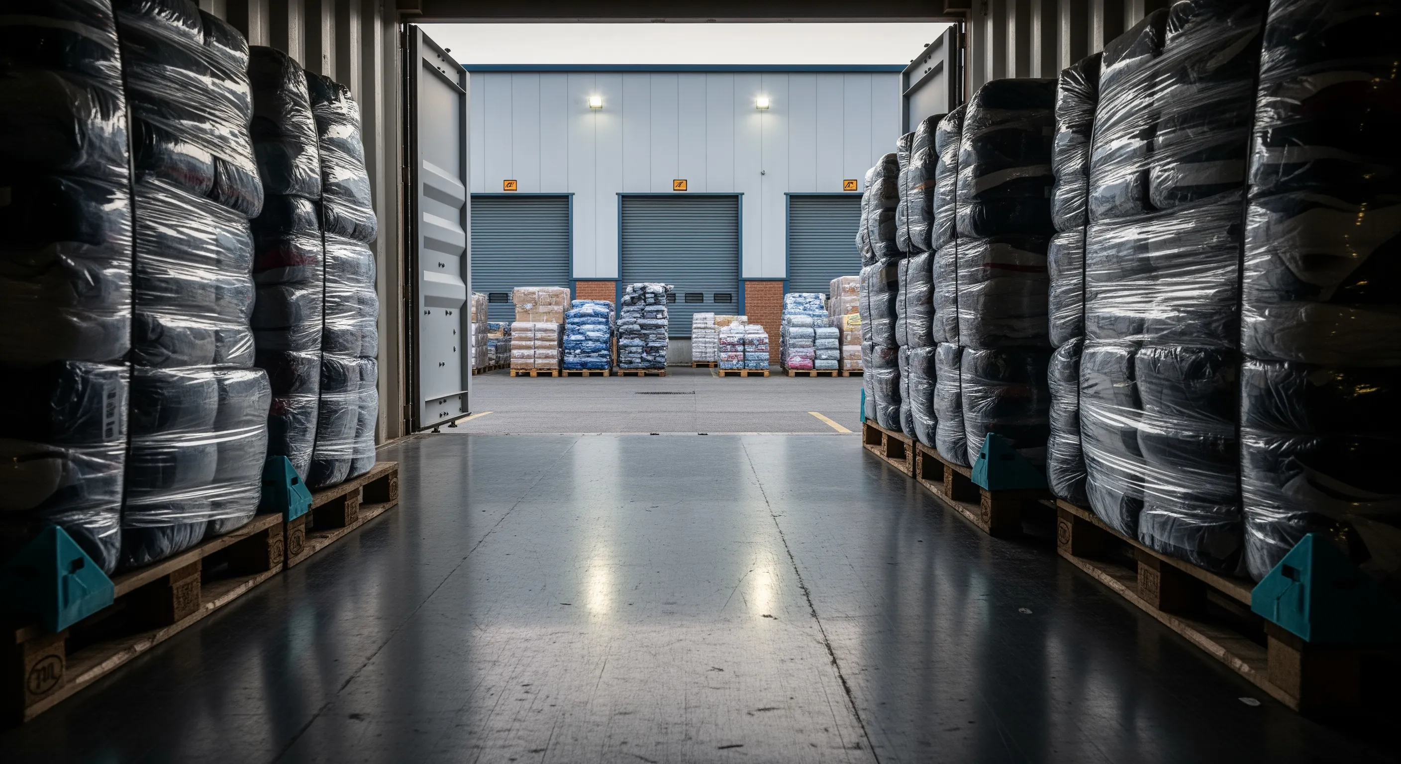 Inside a shipping container stacked with wrapped textile bales looking out to a warehouse loading dock with pallets and protected corners.