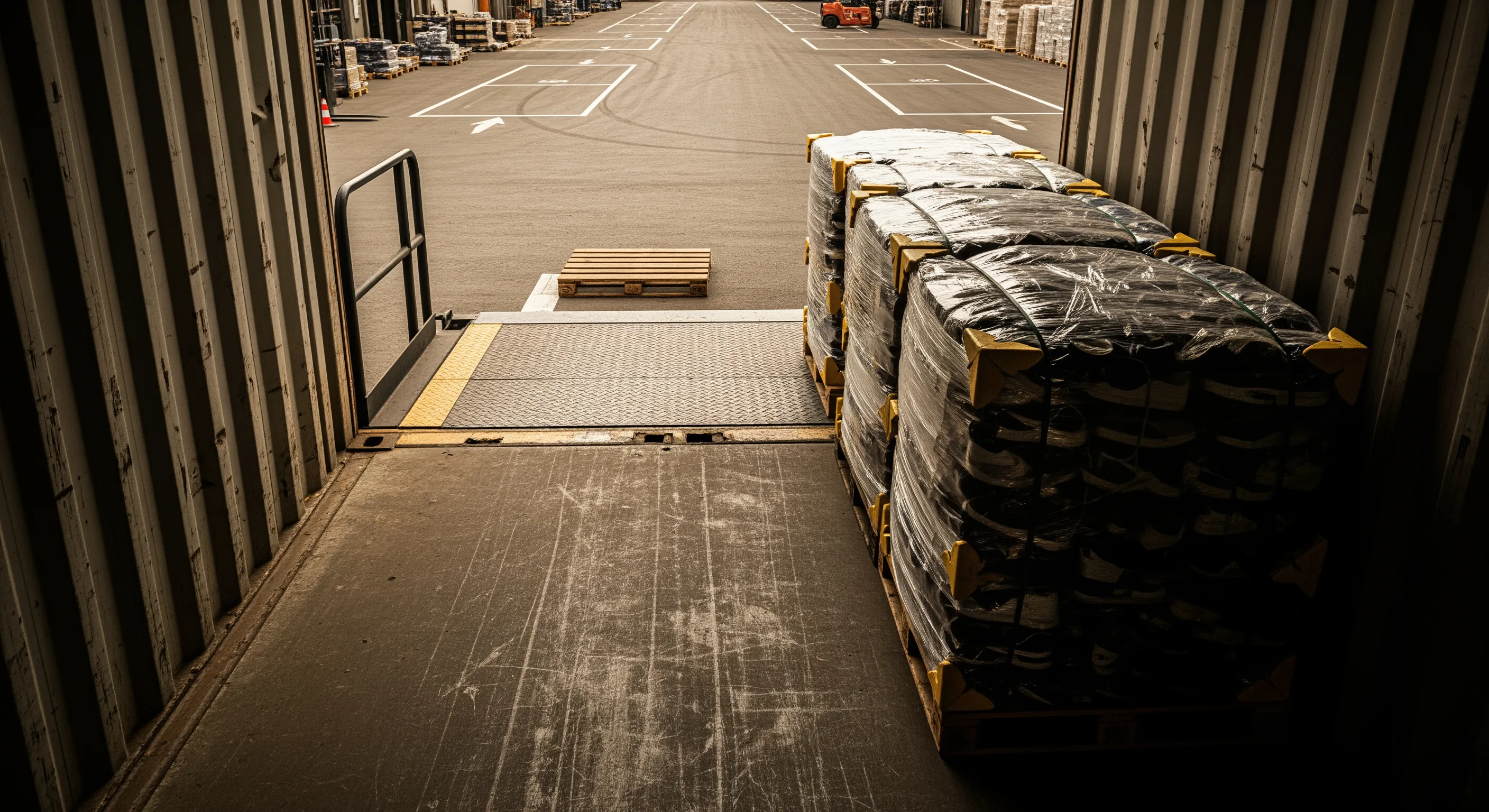 Low-angle view from inside a shipping container looking out at a warehouse dock with neatly aligned wrapped bales of second-hand shoes ready for export.